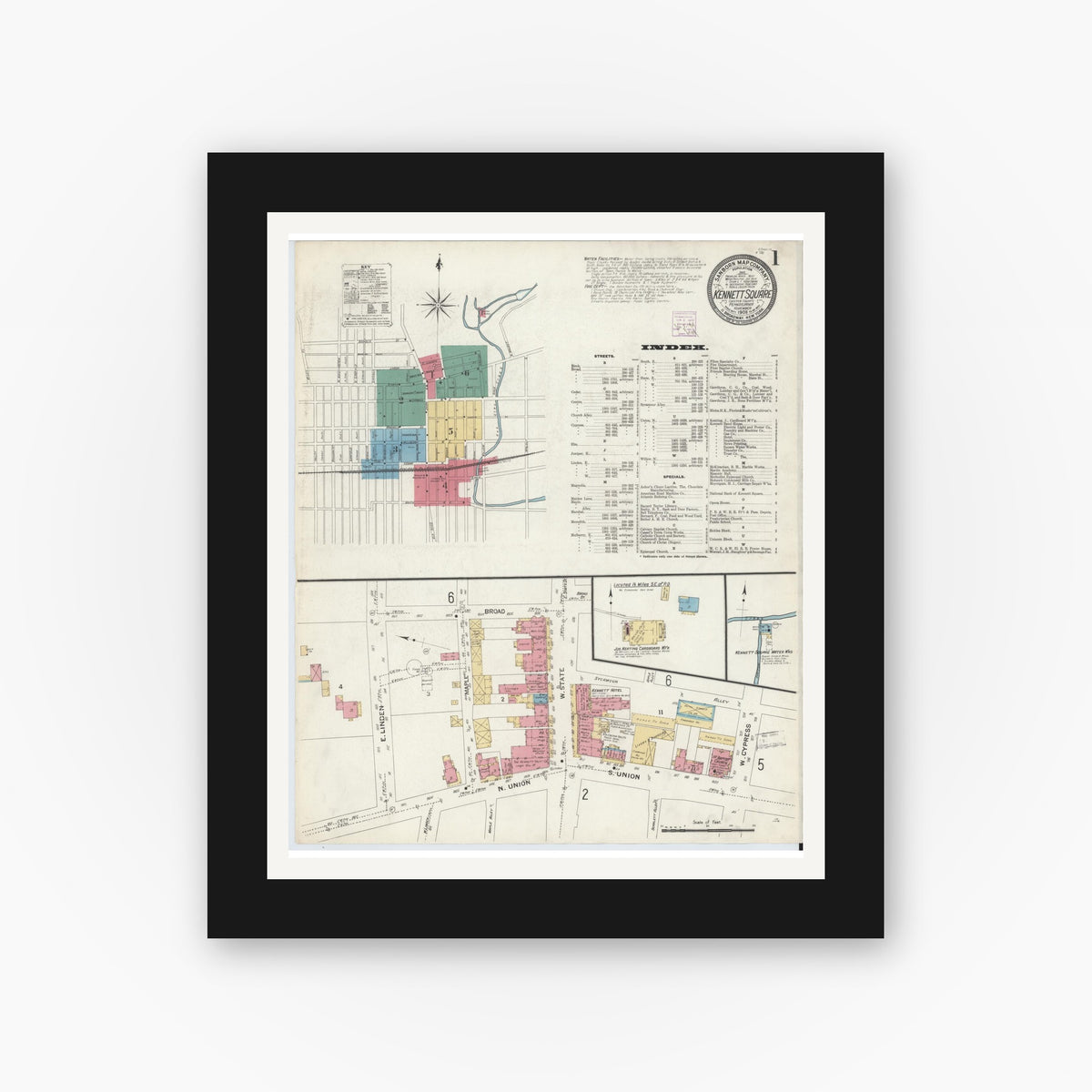 Old map wall art mockup — black gallery frame with white mat — Sanborn Fire Insurance Map from Kennett Square, Chester County, Pennsylvania (1908), Sheet #0001