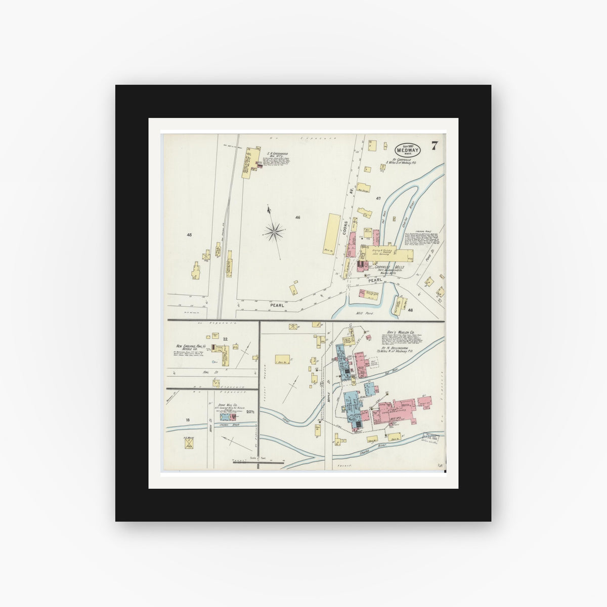 Old map wall art mockup — black gallery frame with white mat — Sanborn Fire Insurance Map from Medway, Norfolk County, Massachusetts (1897), Sheet #0007