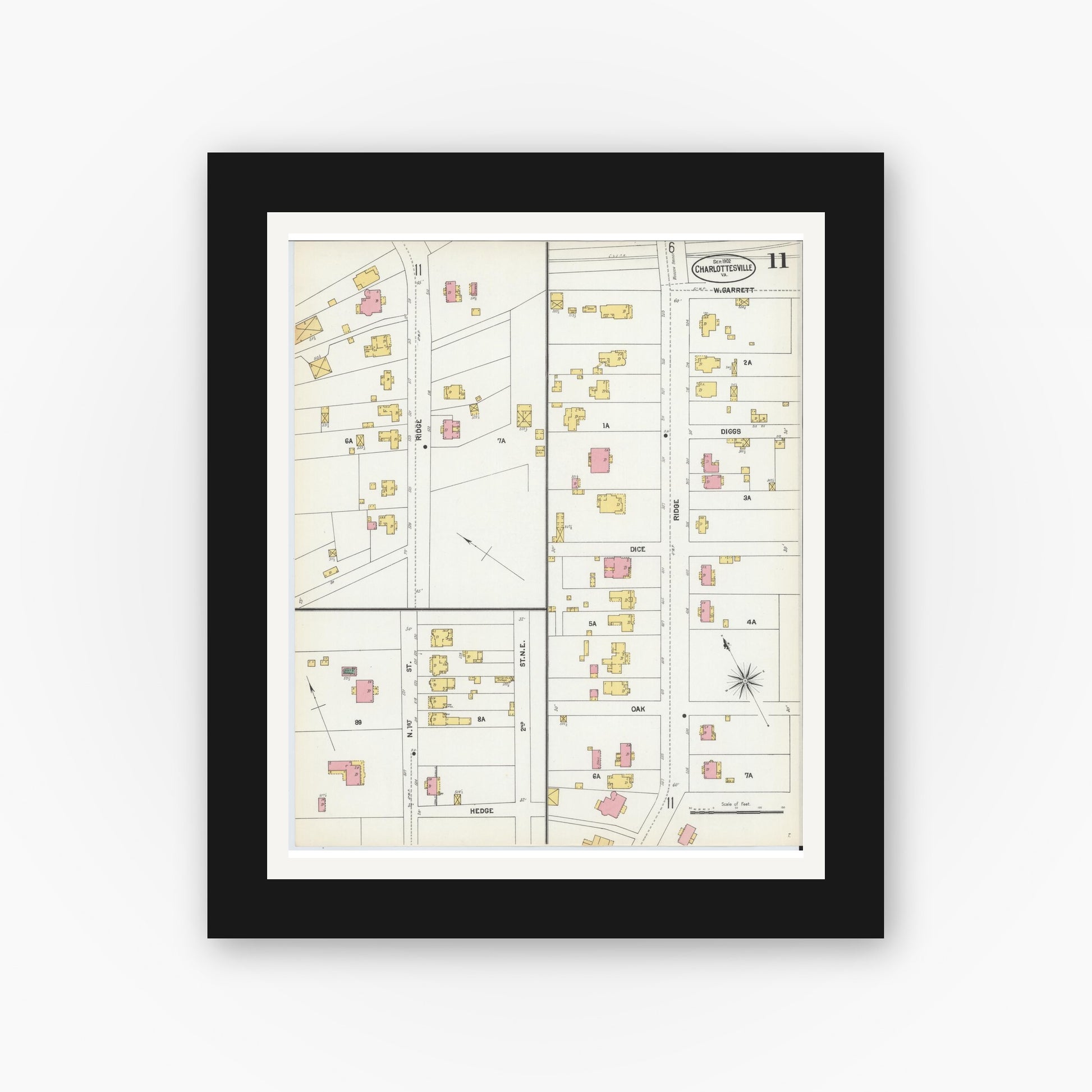 Old map wall art mockup — black gallery frame with white mat — Sanborn Fire Insurance Map from Charlottesville, Independent Cities, Virginia (1902), Sheet #0011