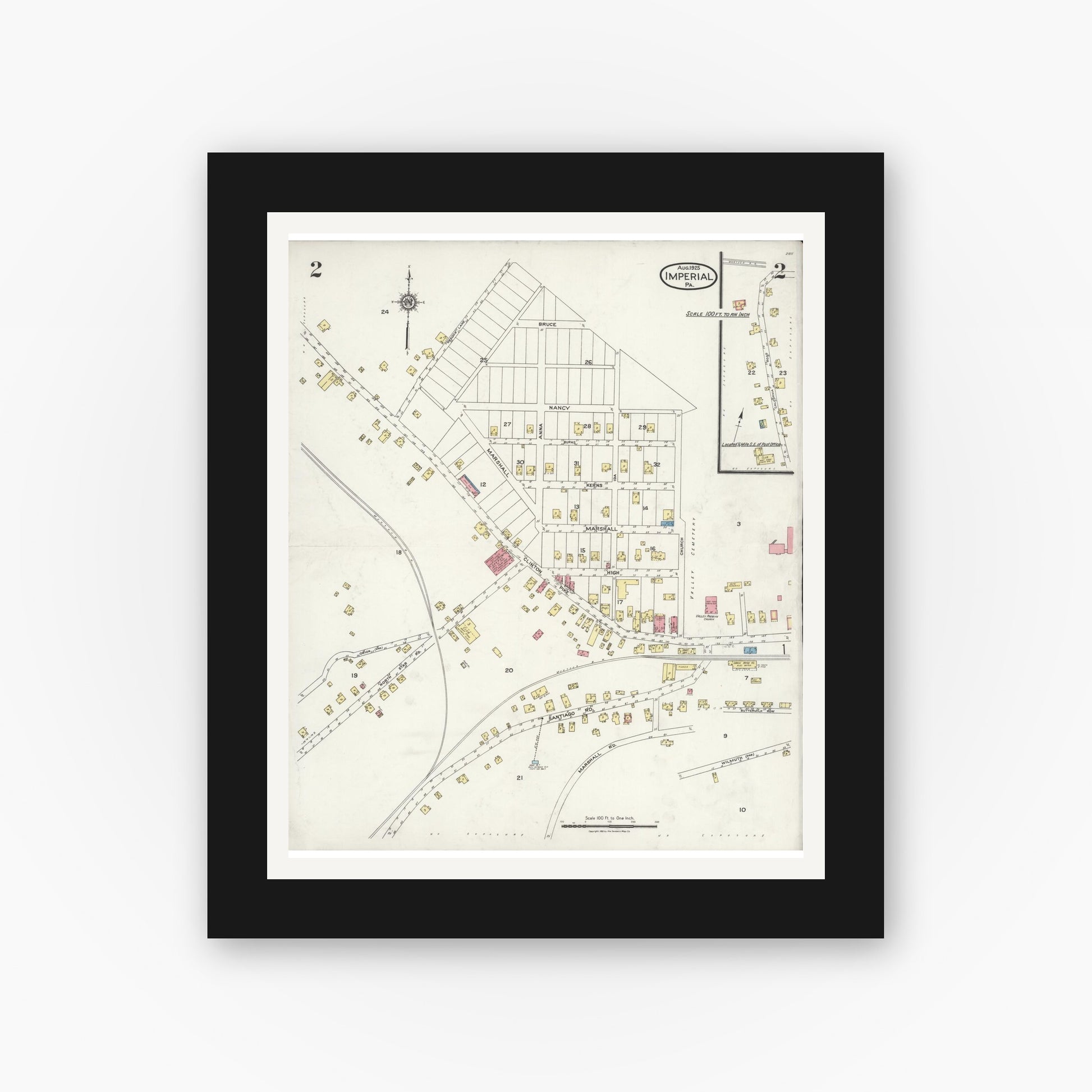 Old map wall art mockup — black gallery frame with white mat — Sanborn Fire Insurance Map from Imperial, Allegheny County, Pennsylvania (1925), Sheet #0002