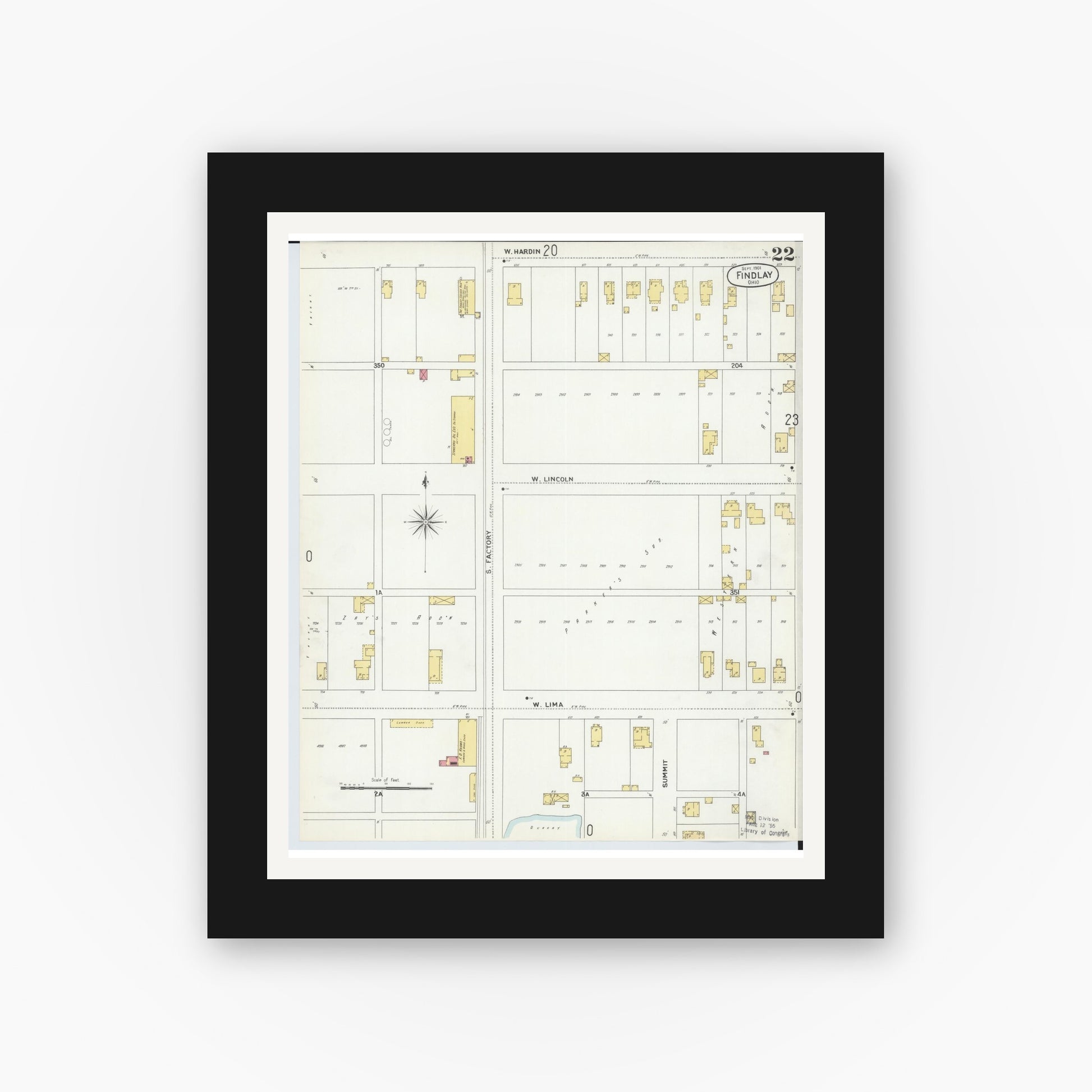 Old map wall art mockup — black gallery frame with white mat — Sanborn Fire Insurance Map from Findlay, Hancock County, Ohio (1901), Sheet #0022