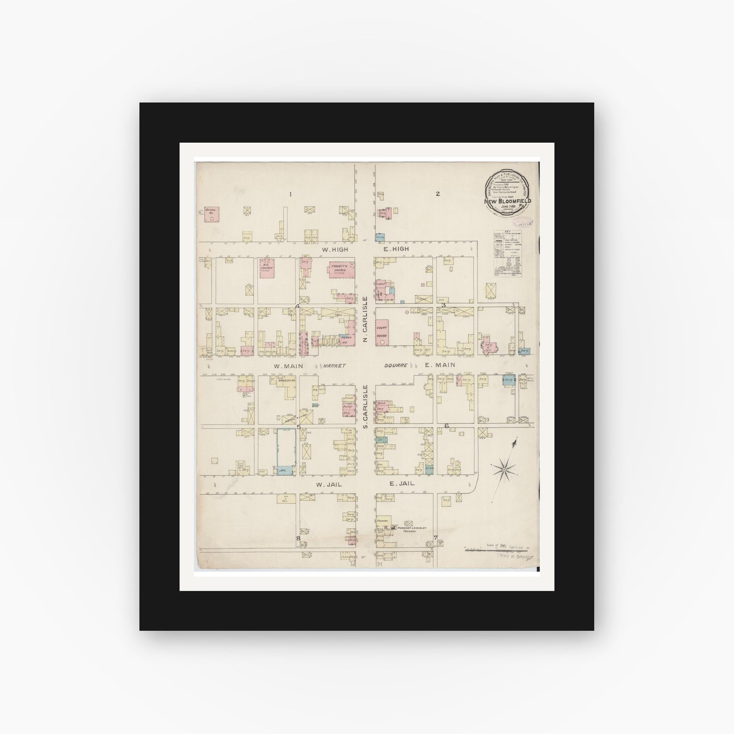 Old map wall art mockup — black gallery frame with white mat — Sanborn Fire Insurance Map from New Bloomfield, Perry County, Pennsylvania (1886), Sheet #0001