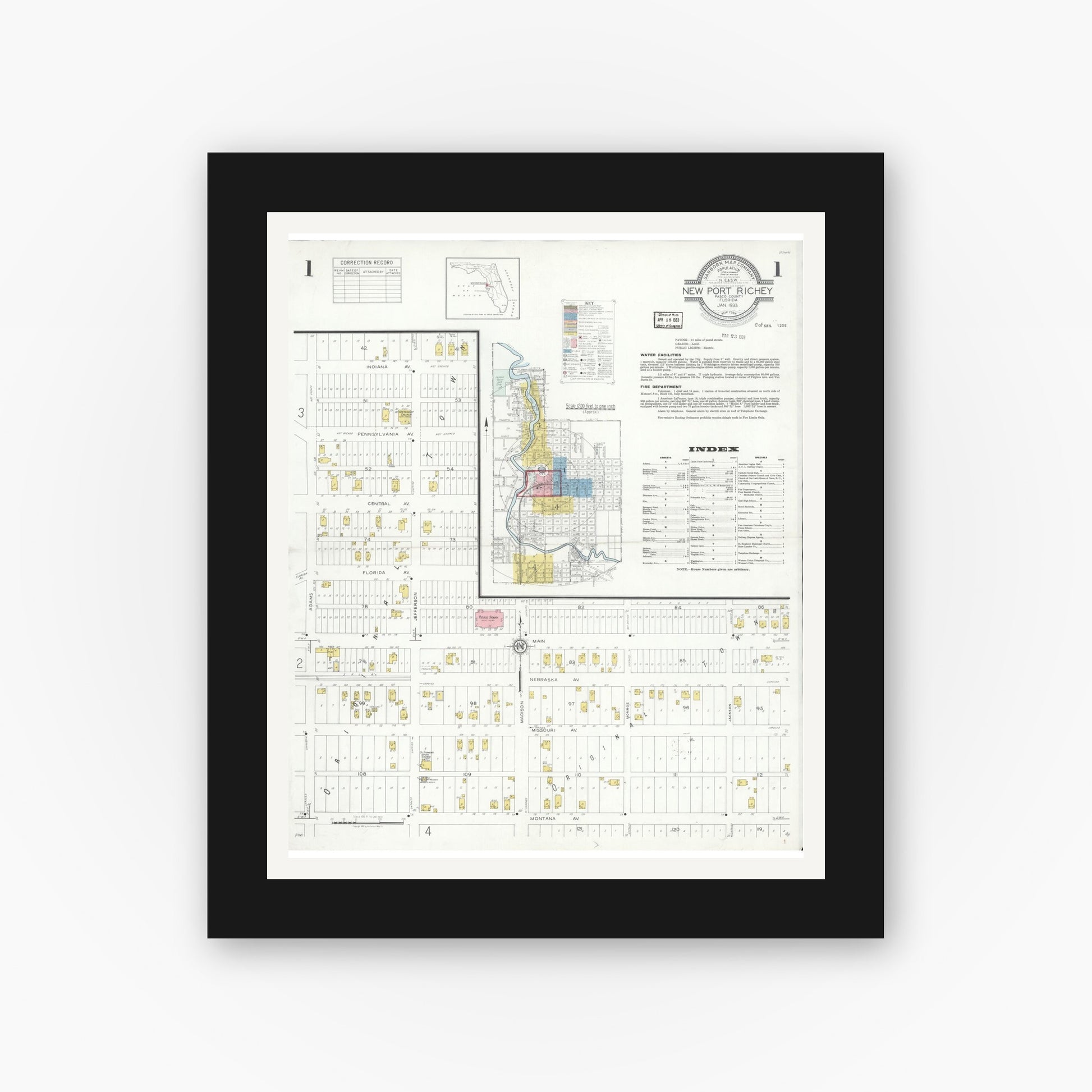 Old map wall art mockup — black gallery frame with white mat — Sanborn Fire Insurance Map from New Port Richey, Pasco County, Florida (1933) - Complete Map Set