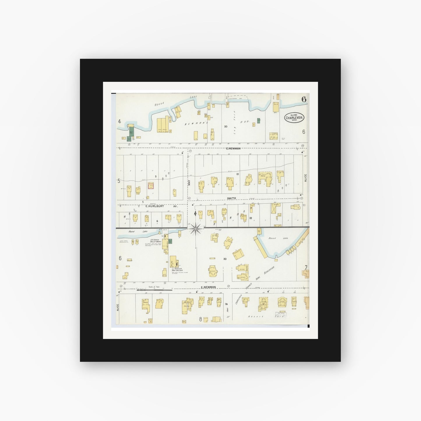 Old map wall art mockup — black gallery frame with white mat — Sanborn Fire Insurance Map from Charlevoix, Charlevoix County, Michigan (1901), Sheet #0006