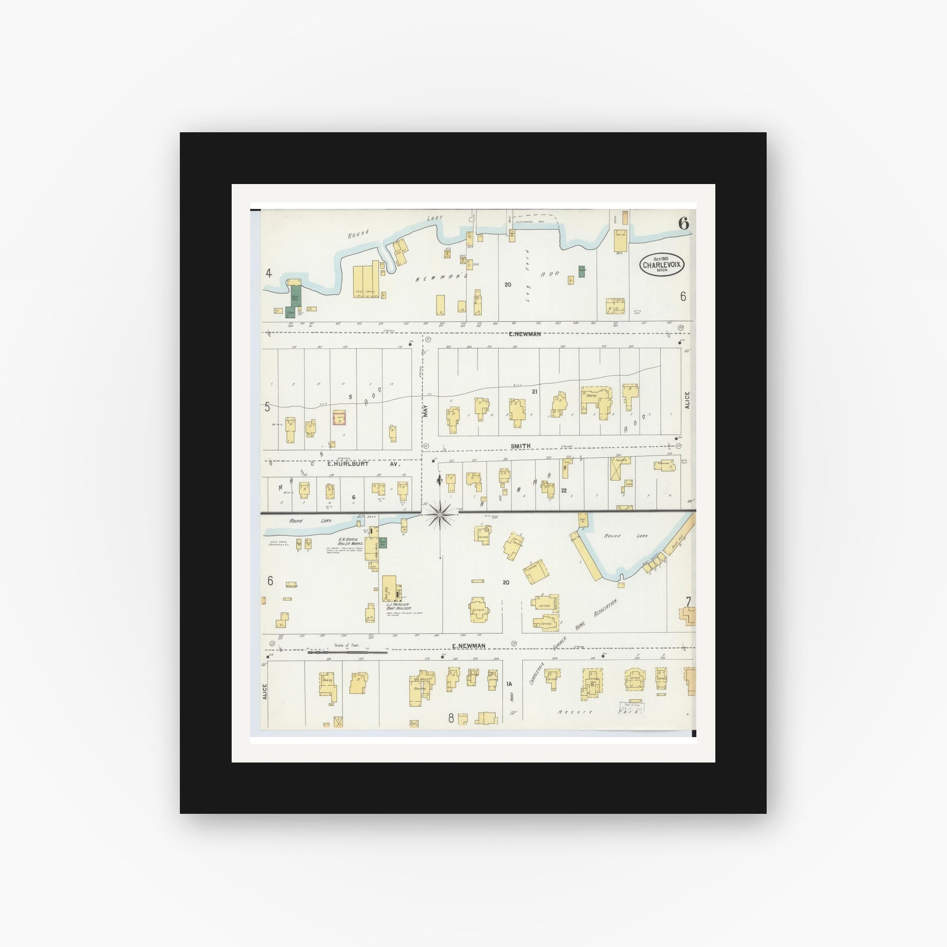 Old map wall art mockup — black gallery frame with white mat — Sanborn Fire Insurance Map from Charlevoix, Charlevoix County, Michigan (1901), Sheet #0006