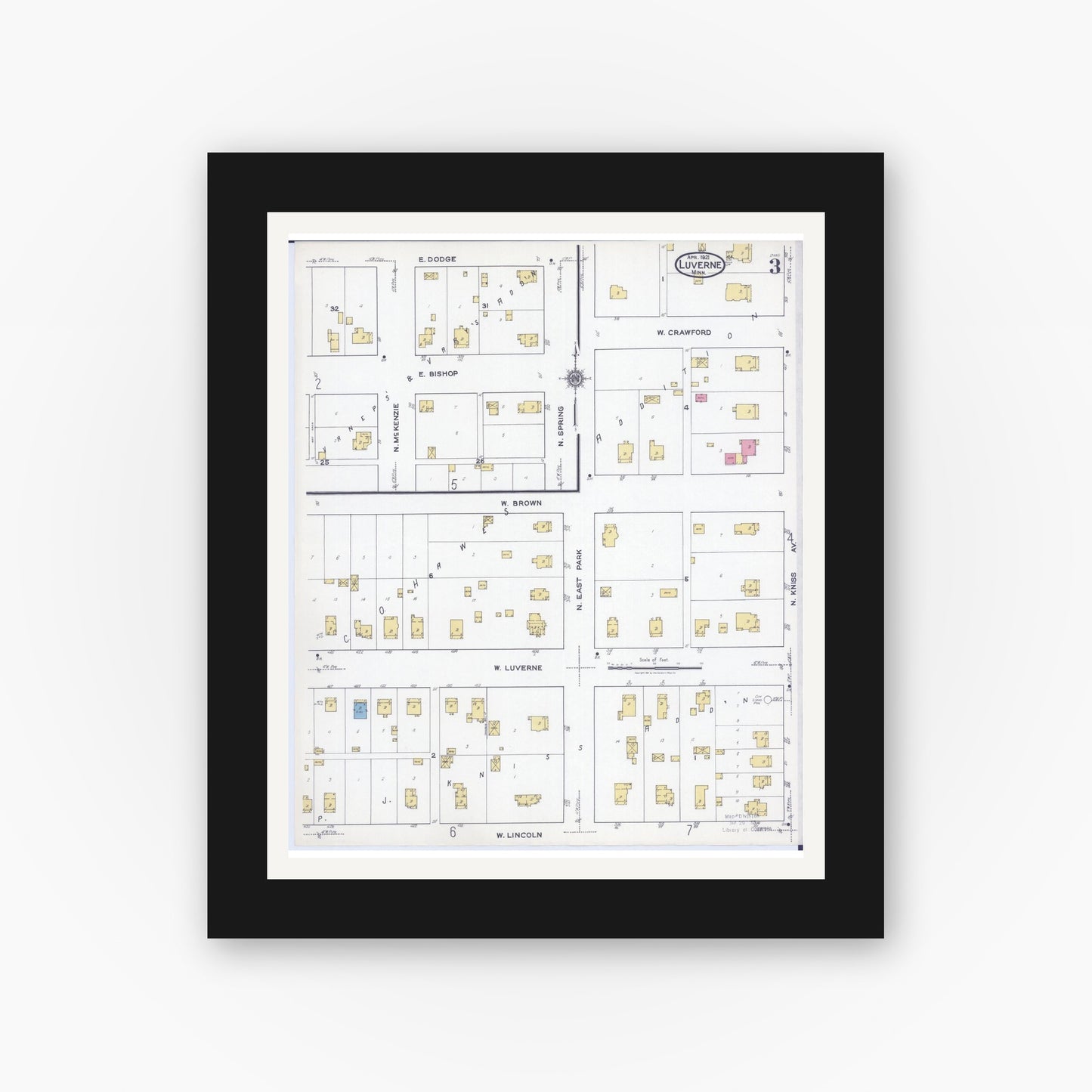 Old map wall art mockup — black gallery frame with white mat — Sanborn Fire Insurance Map from Luverne, Rock County, Minnesota (1921), Sheet #0003