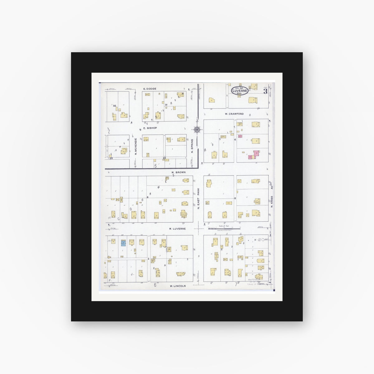 Old map wall art mockup — black gallery frame with white mat — Sanborn Fire Insurance Map from Luverne, Rock County, Minnesota (1921), Sheet #0003