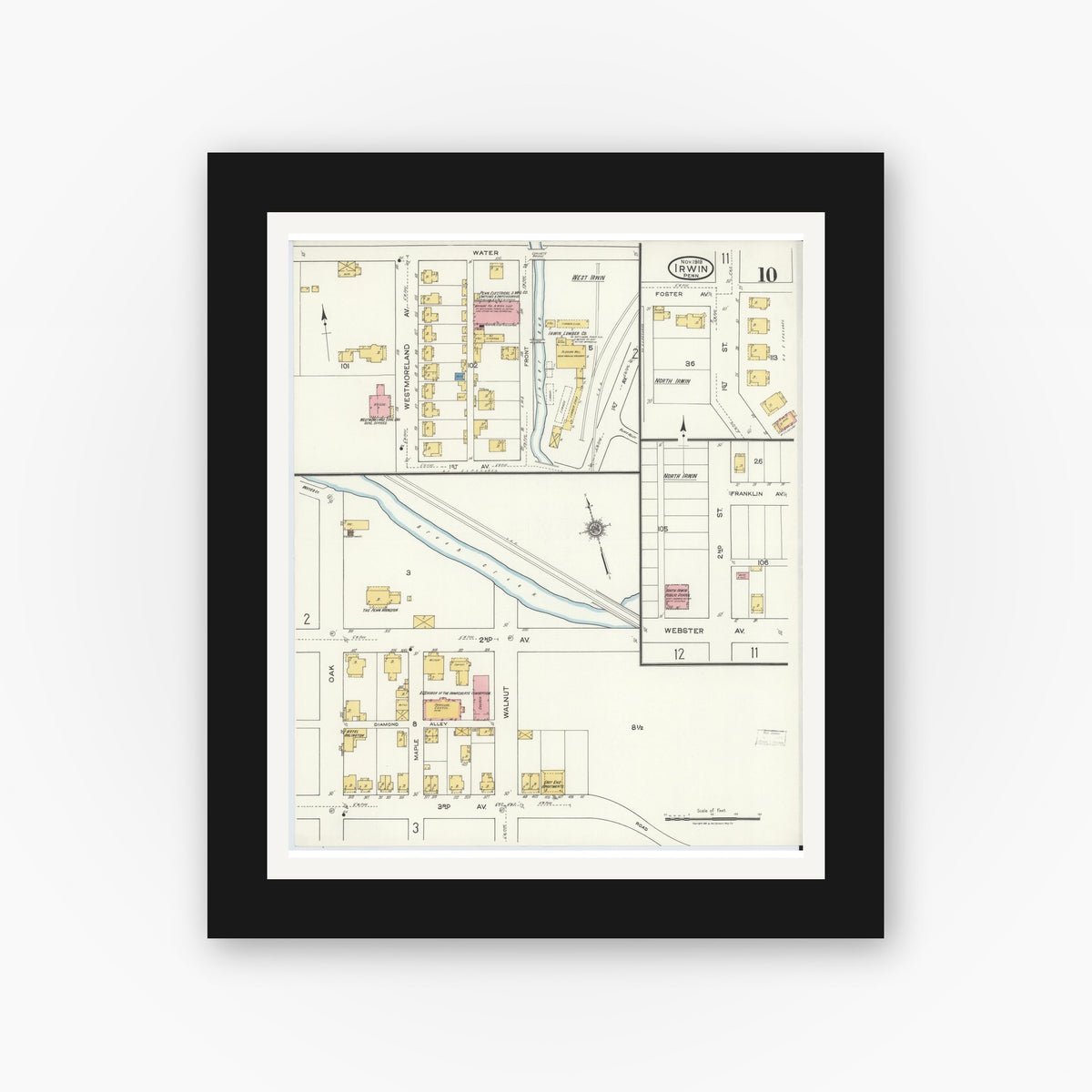 Old map wall art mockup — black gallery frame with white mat — Sanborn Fire Insurance Map from Irwin, Westmoreland County, Pennsylvania (1919), Sheet #0010