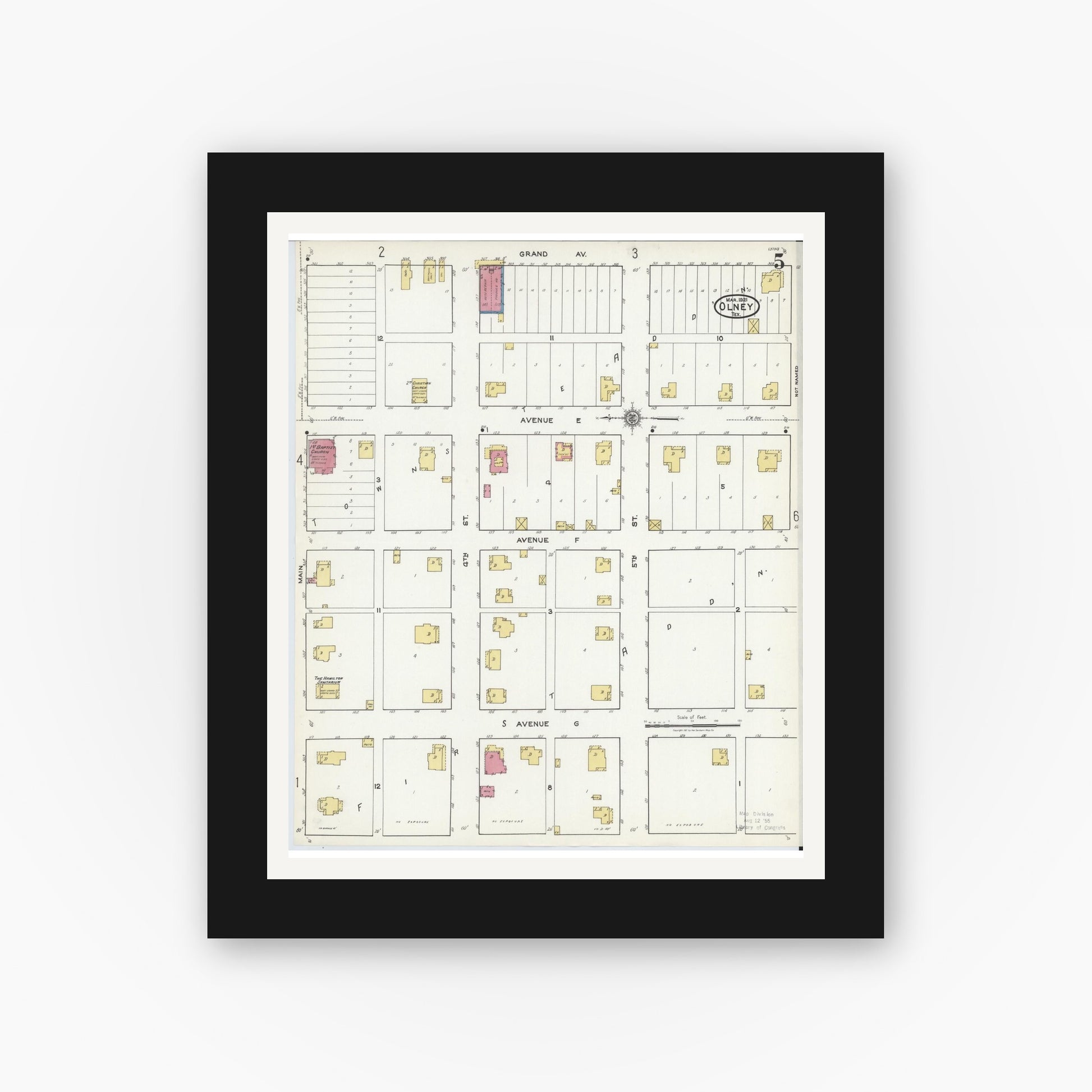 Old map wall art mockup — black gallery frame with white mat — Sanborn Fire Insurance Map from Olney, Young County, Texas (1921), Sheet #0005