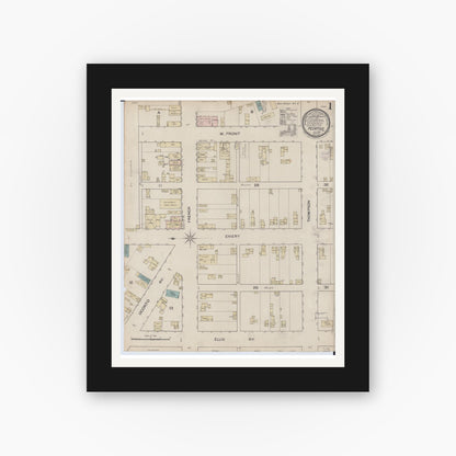 Old map wall art mockup — black gallery frame with white mat — Sanborn Fire Insurance Map from Peshtigo, Marinette County, Wisconsin (1887), Sheet #0001