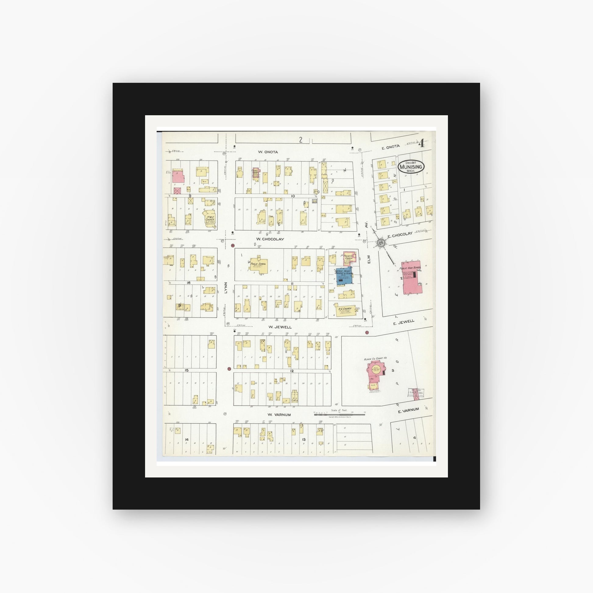 Old map wall art mockup — black gallery frame with white mat — Sanborn Fire Insurance Map from Munising, Alger County, Michigan (1917), Sheet #0004