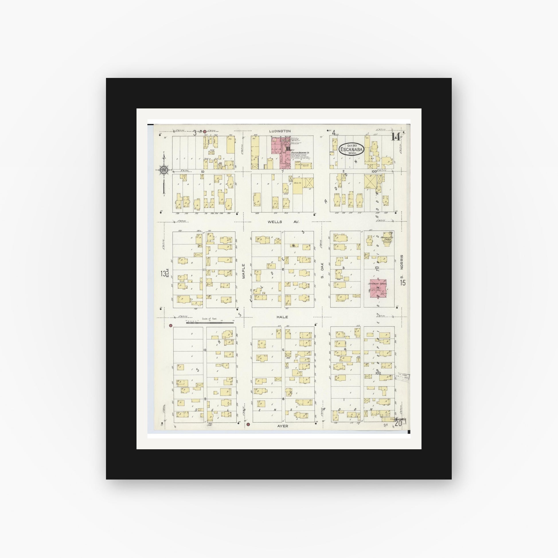 Old map wall art mockup — black gallery frame with white mat — Sanborn Fire Insurance Map from Escanaba, Delta County, Michigan (1913), Sheet #0014