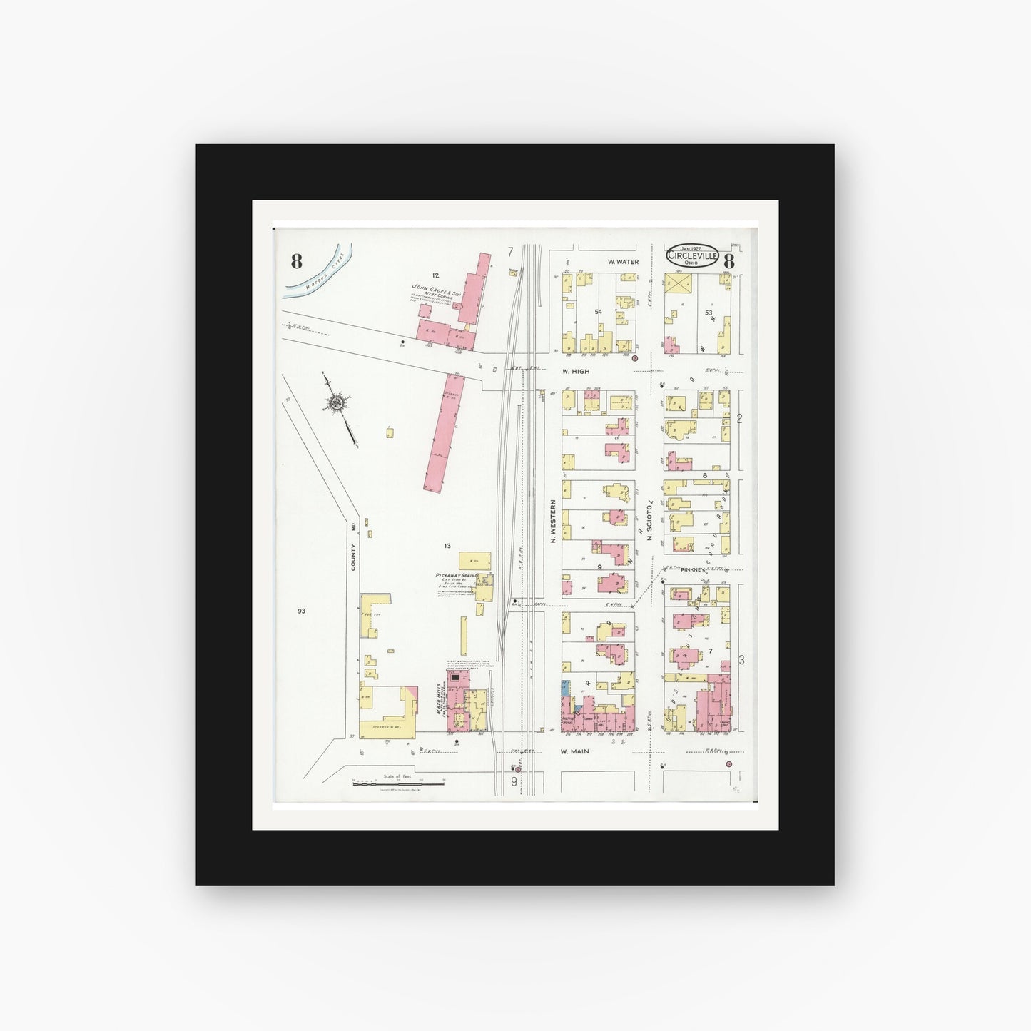 Old map wall art mockup — black gallery frame with white mat — Sanborn Fire Insurance Map from Circleville, Pickaway County, Ohio (1927), Sheet #0008