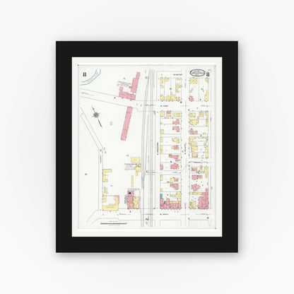 Old map wall art mockup — black gallery frame with white mat — Sanborn Fire Insurance Map from Circleville, Pickaway County, Ohio (1927), Sheet #0008