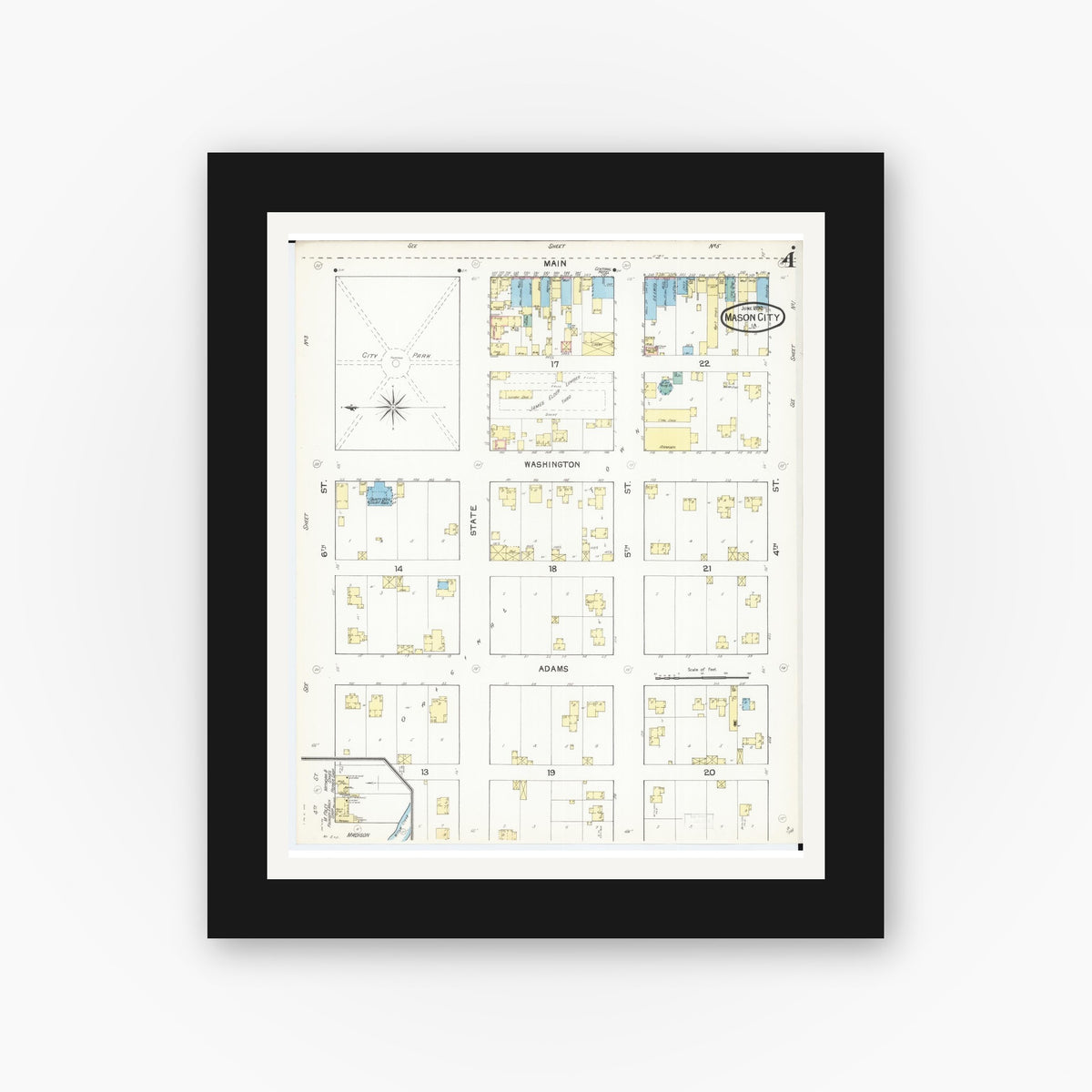Old map wall art mockup — black gallery frame with white mat — Sanborn Fire Insurance Map from Mason City, Cerro Gordo County, Iowa (1892), Sheet #0004