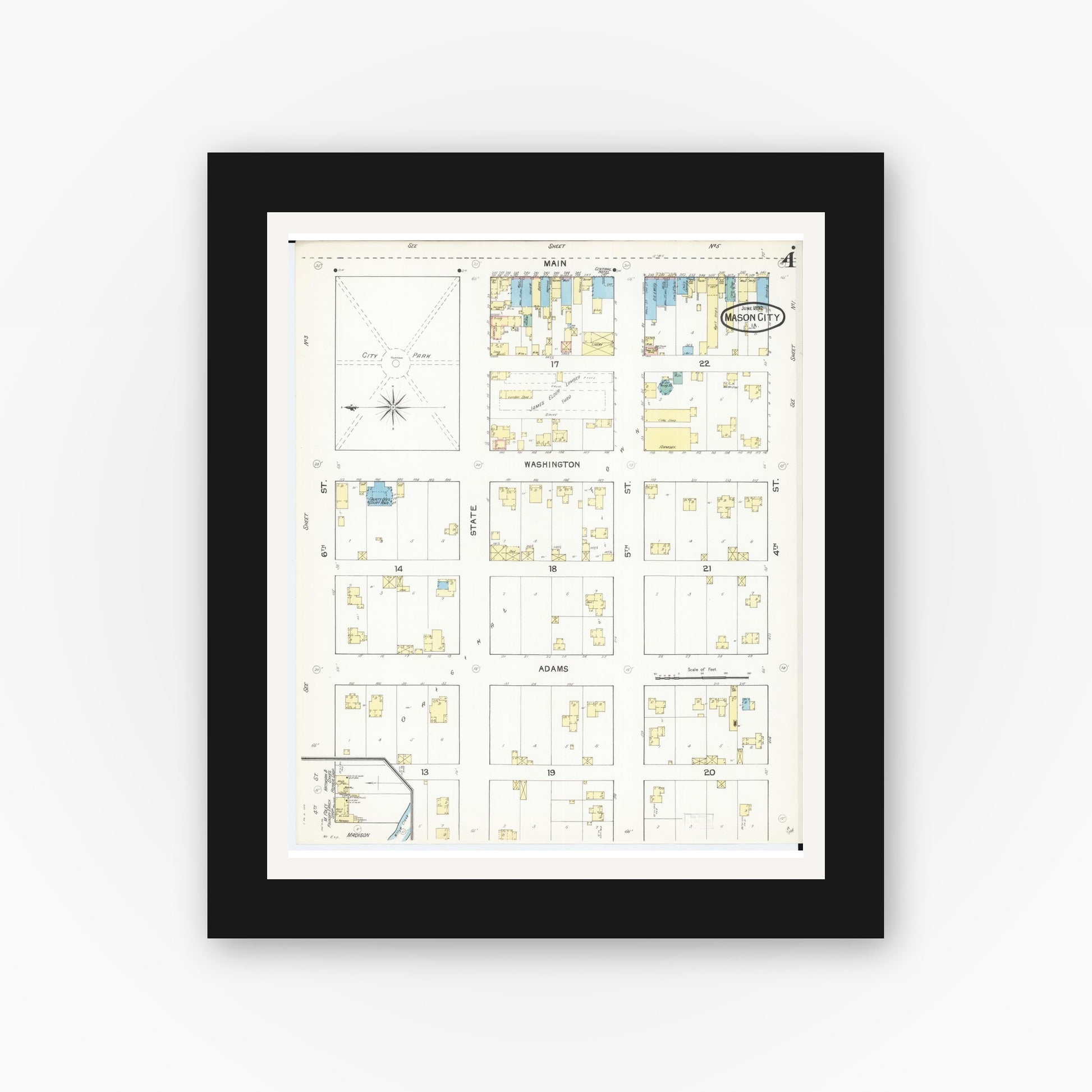 Old map wall art mockup — black gallery frame with white mat — Sanborn Fire Insurance Map from Mason City, Cerro Gordo County, Iowa (1892), Sheet #0004