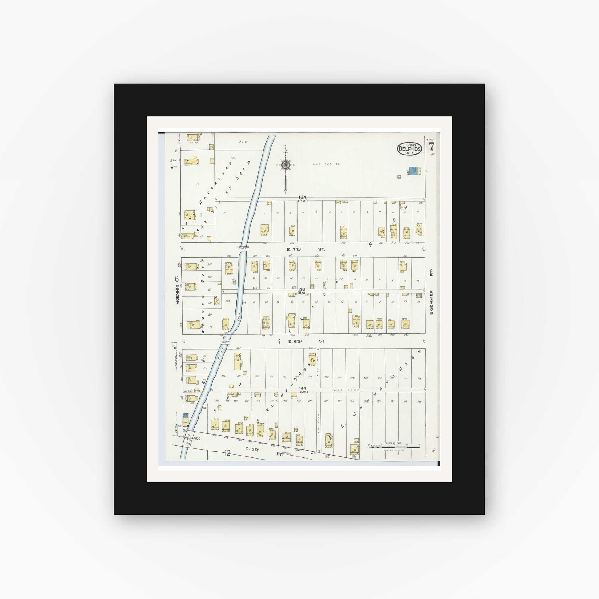 Old map wall art mockup — black gallery frame with white mat — Sanborn Fire Insurance Map from Delphos, Van Wert And Allen Counties, Ohio (1921), Sheet #0007