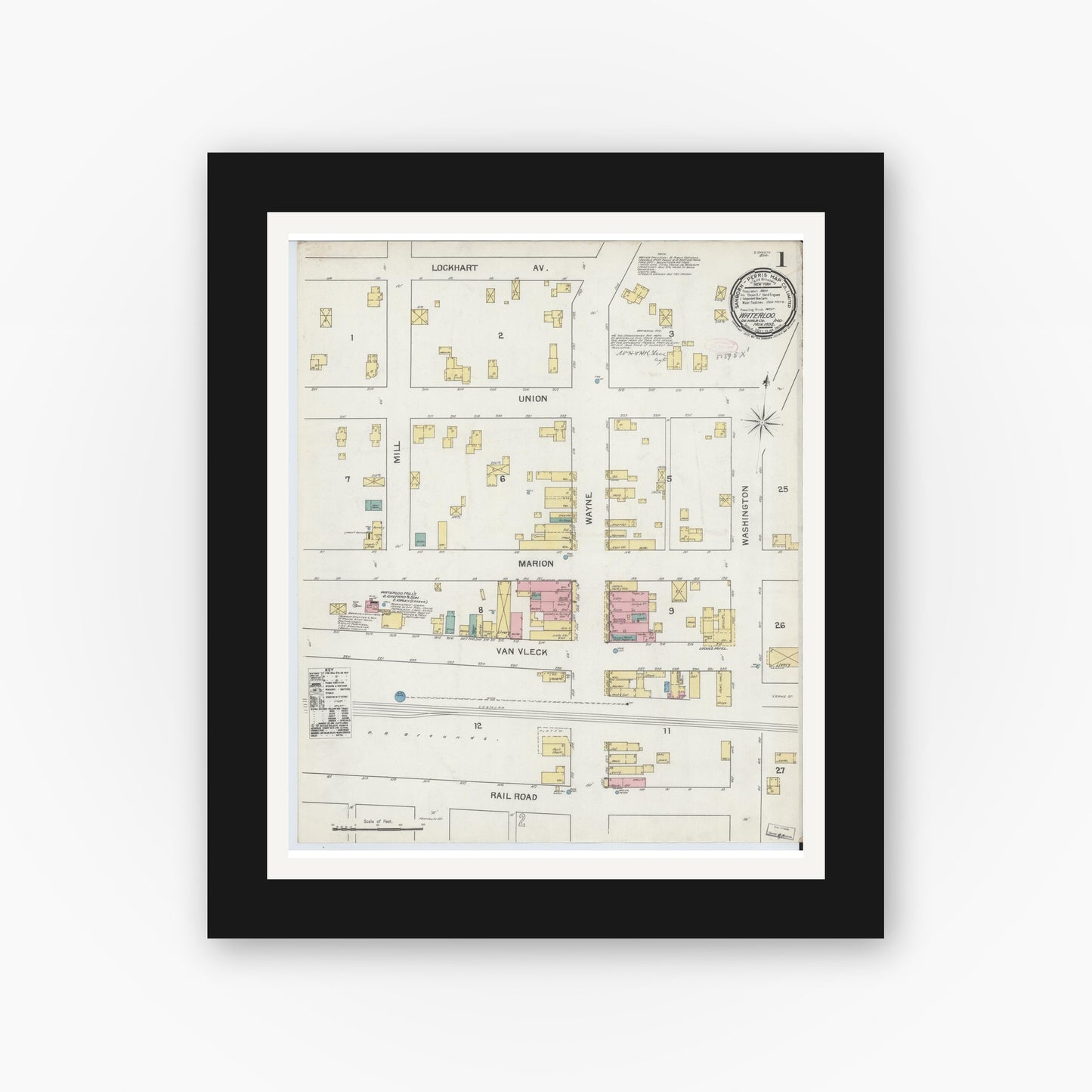 Old map wall art mockup — black gallery frame with white mat — Sanborn Fire Insurance Map from Waterloo, De Kalb County, Indiana (1892) - Complete Map Set