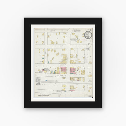Old map wall art mockup — black gallery frame with white mat — Sanborn Fire Insurance Map from Waterloo, De Kalb County, Indiana (1892) - Complete Map Set