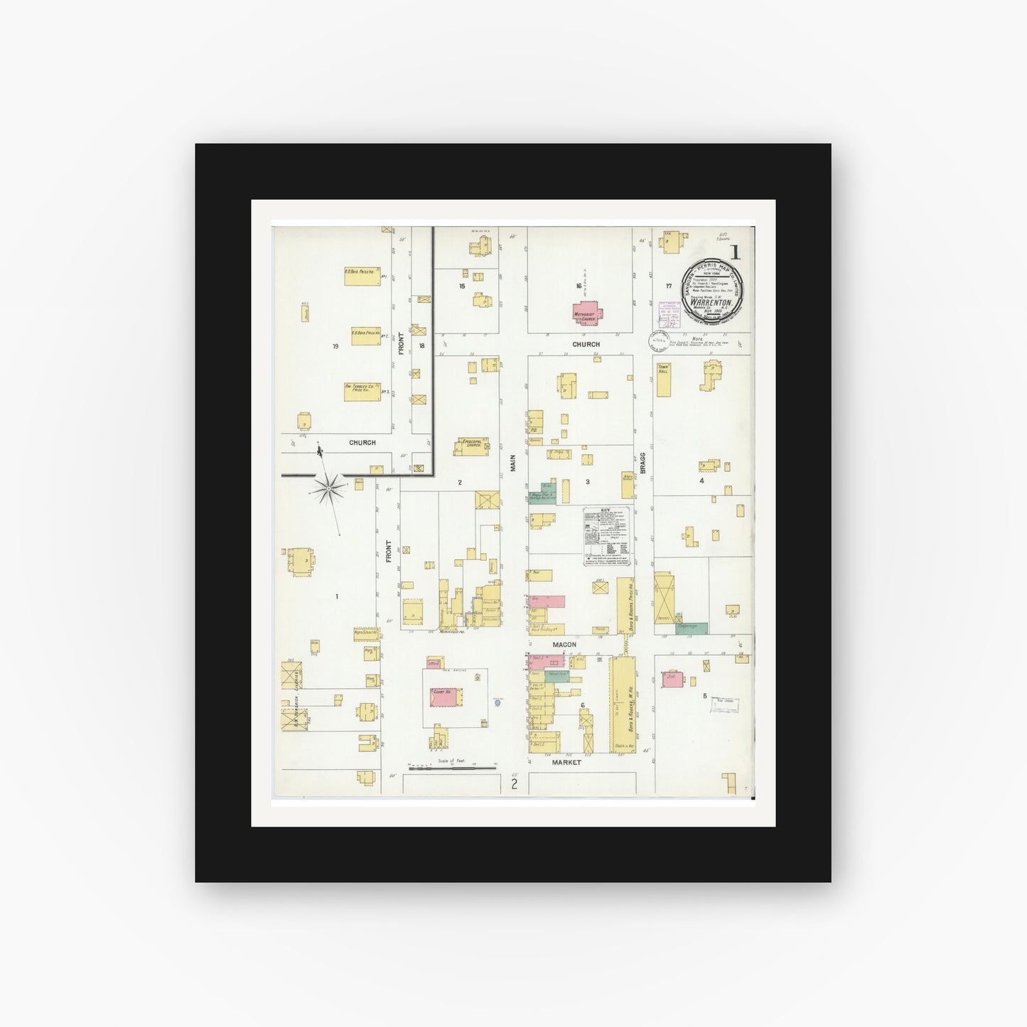 Old map wall art mockup — black gallery frame with white mat — Sanborn Fire Insurance Map from Warrenton, Warren County, North Carolina (1901) - Complete Map Set