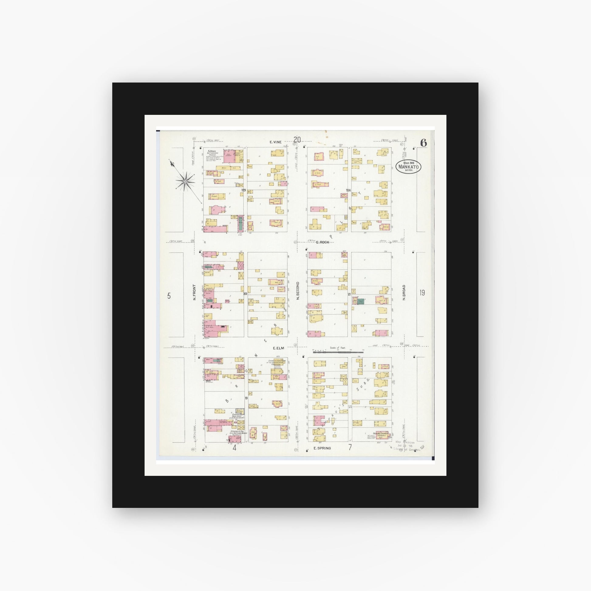 Old map wall art mockup — black gallery frame with white mat — Sanborn Fire Insurance Map from Mankato, Blue Earth County, Minnesota (1908), Sheet #0006