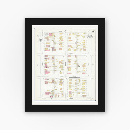 Old map wall art mockup — black gallery frame with white mat — Sanborn Fire Insurance Map from Mankato, Blue Earth County, Minnesota (1908), Sheet #0006
