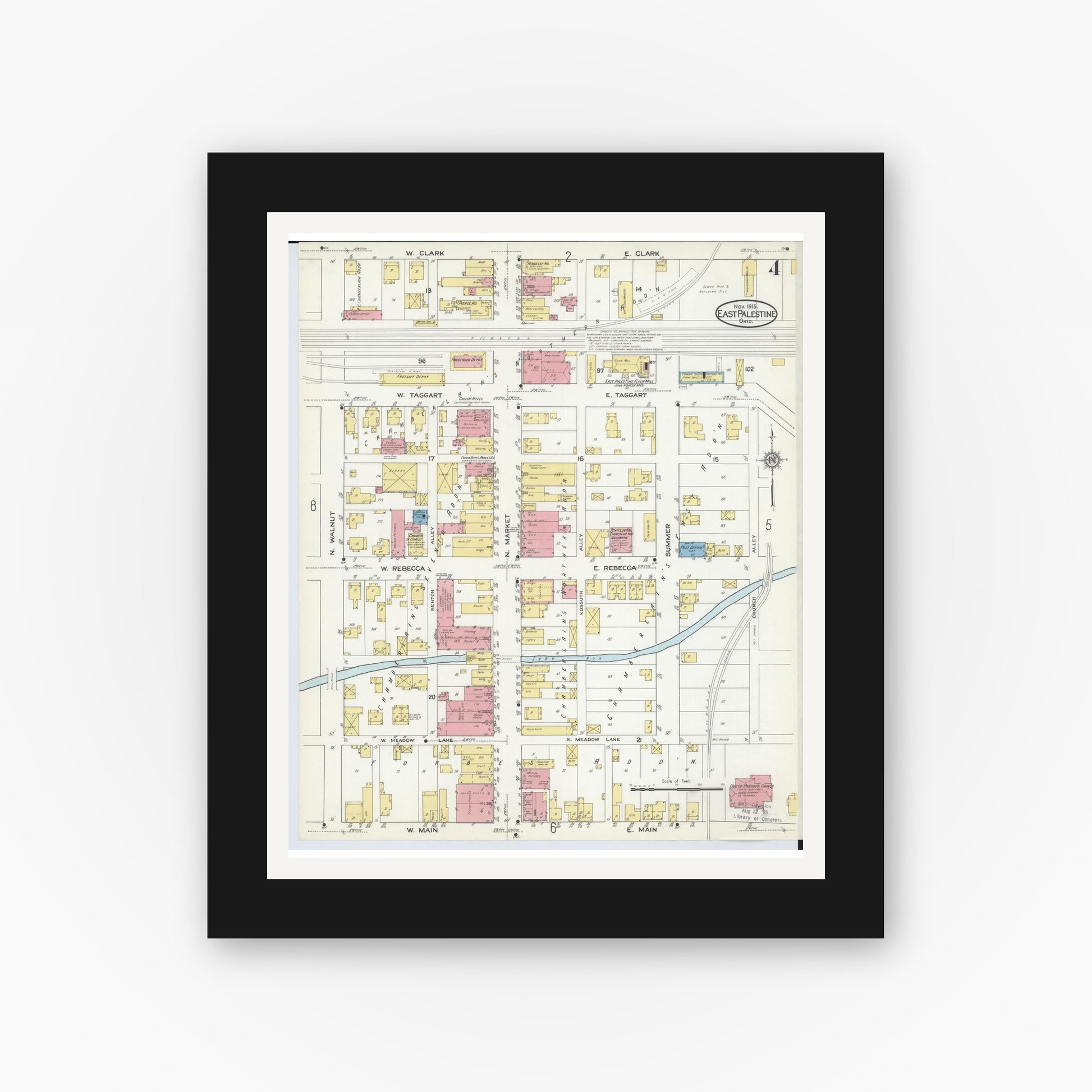 Old map wall art mockup — black gallery frame with white mat — Sanborn Fire Insurance Map from East Palestine, Columbiana County, Ohio (1915), Sheet #0004