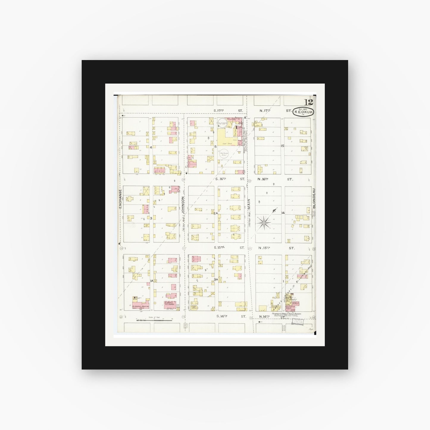 Old map wall art mockup — black gallery frame with white mat — Sanborn Fire Insurance Map from Keokuk, Lee County, Iowa (1893), Sheet #0012