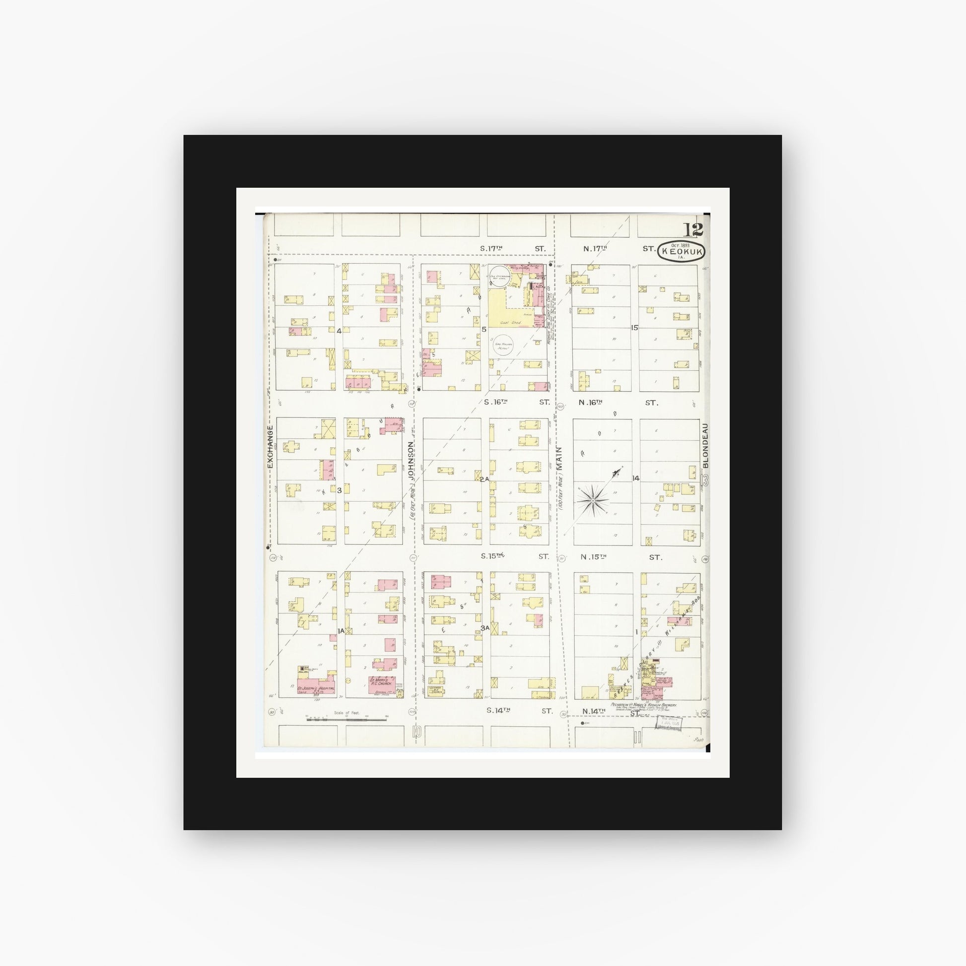 Old map wall art mockup — black gallery frame with white mat — Sanborn Fire Insurance Map from Keokuk, Lee County, Iowa (1893), Sheet #0012