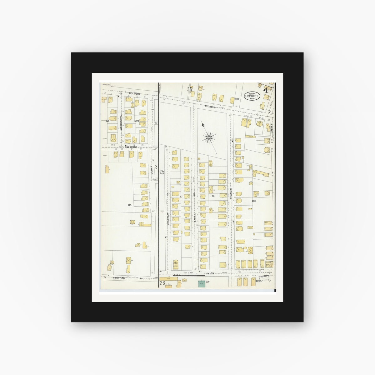 Old map wall art mockup — black gallery frame with white mat — Sanborn Fire Insurance Map from Everett, Middlesex County, Massachusetts (1903), Sheet #0004