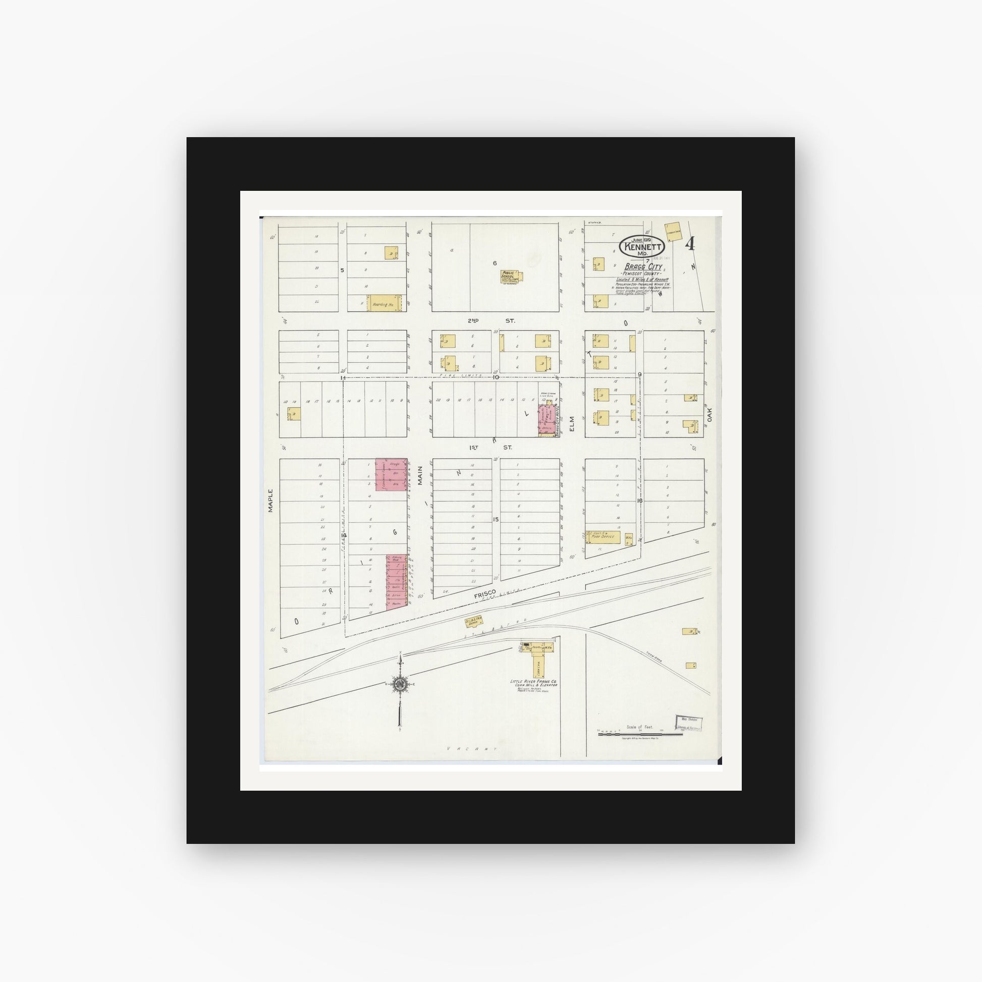 Old map wall art mockup — black gallery frame with white mat — Sanborn Fire Insurance Map from Kennett, Dunklin County, Missouri (1919), Sheet #0004