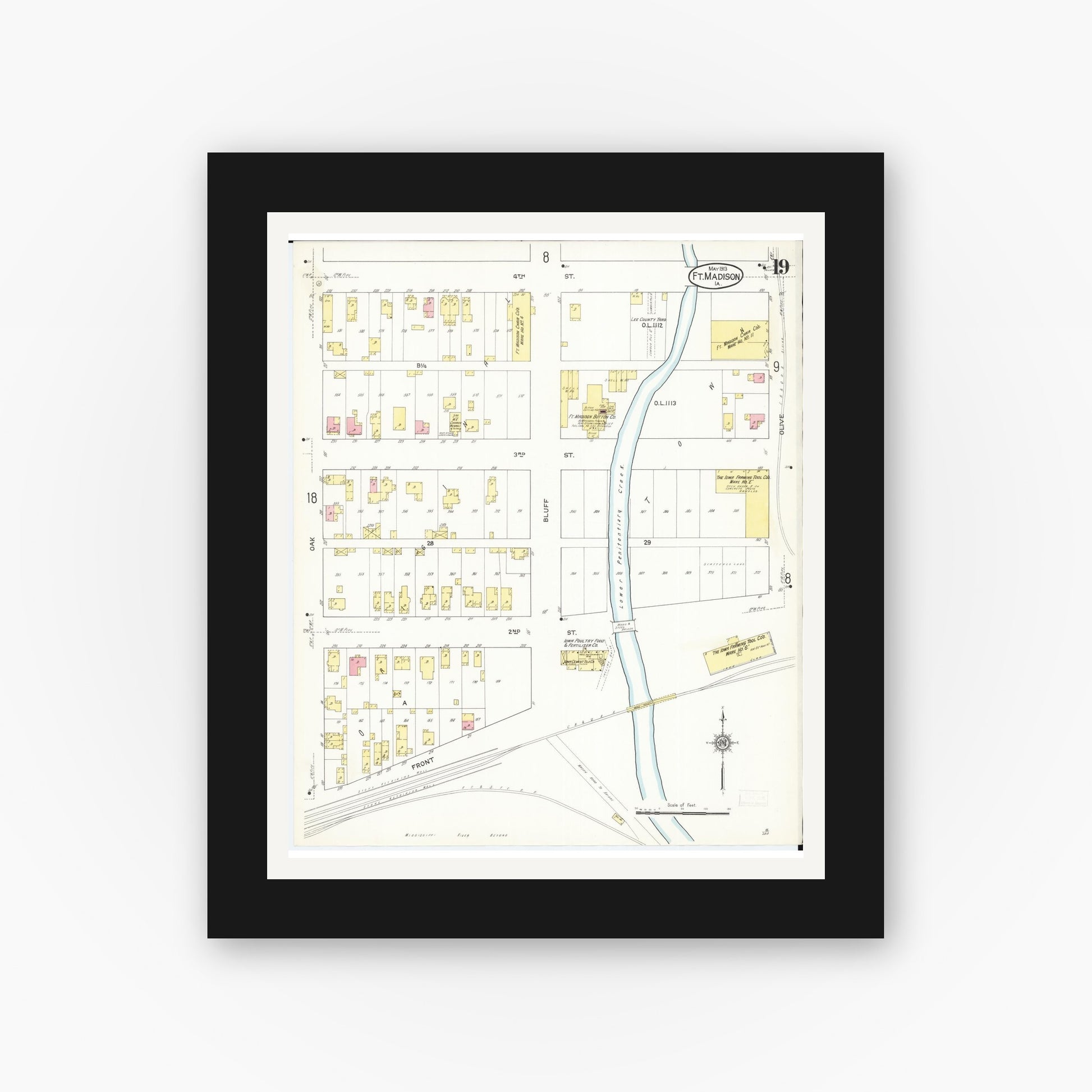 Old map wall art mockup — black gallery frame with white mat — Sanborn Fire Insurance Map from Fort Madison, Lee County, Iowa (1913), Sheet #0019
