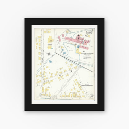 Old map wall art mockup — black gallery frame with white mat — Sanborn Fire Insurance Map from Blackstone, Worcester County, Massachusetts (1910), Sheet #0007