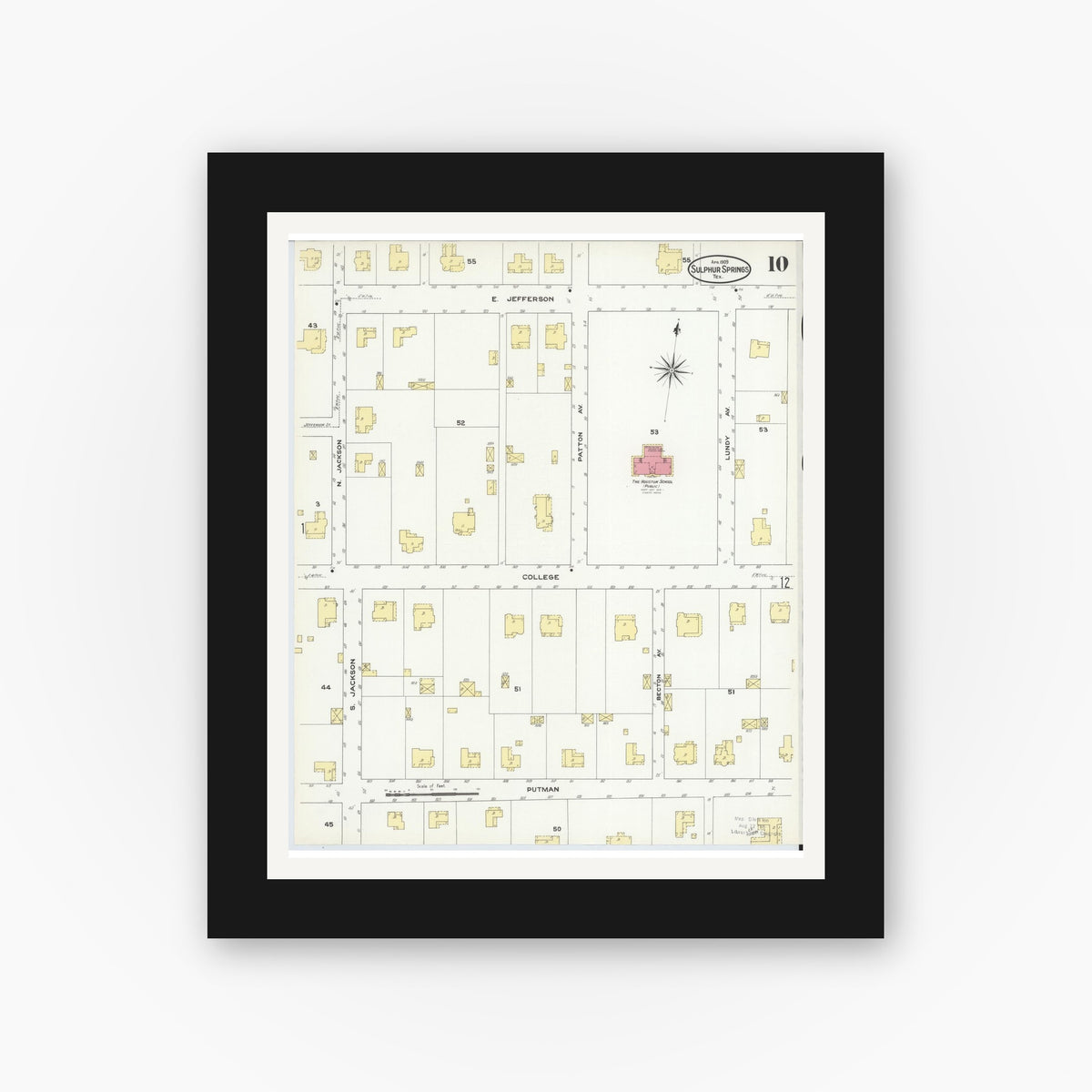 Old map wall art mockup — black gallery frame with white mat — Sanborn Fire Insurance Map from Sulphur Springs, Hopkins County, Texas (1909), Sheet #0010