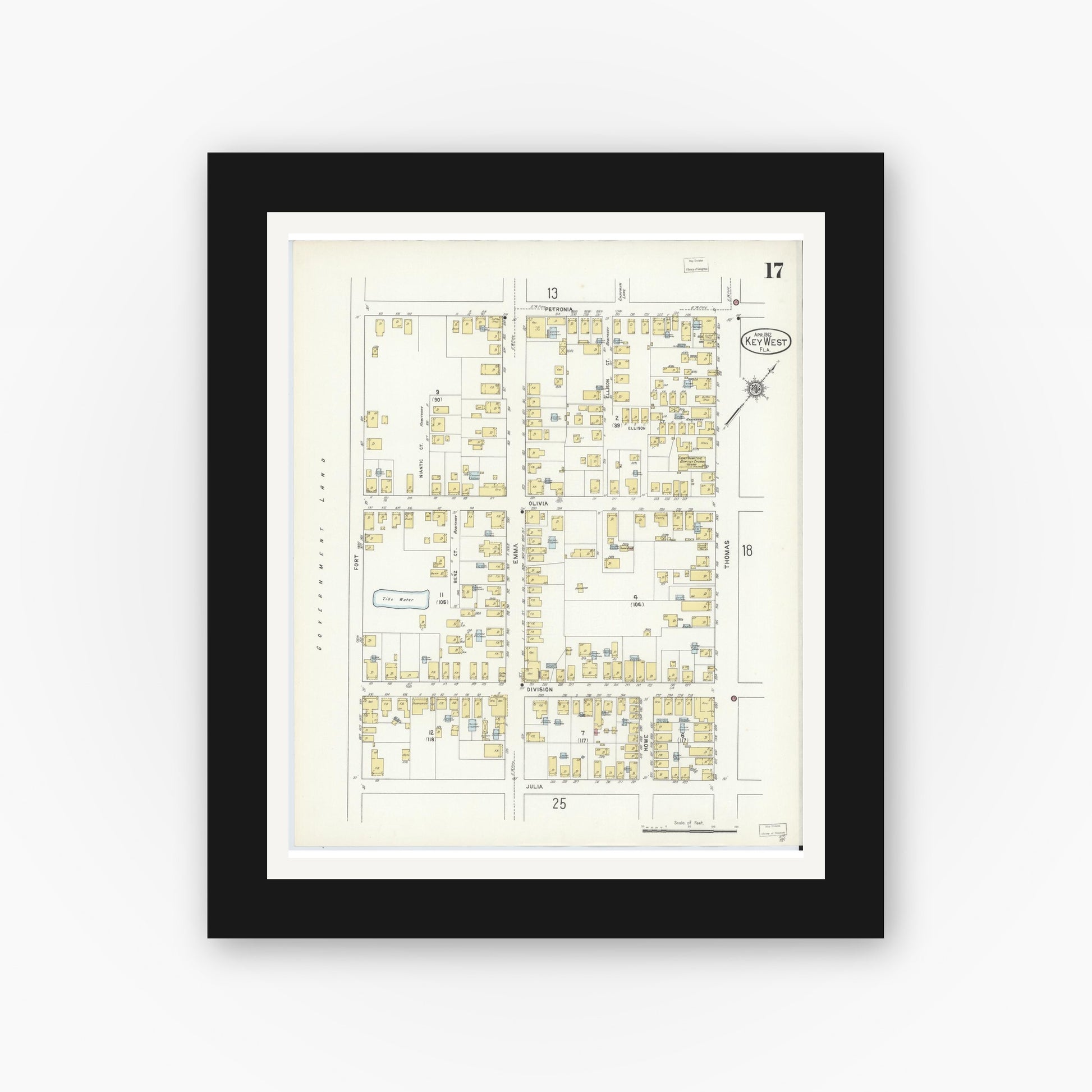 Old map wall art mockup — black gallery frame with white mat — Sanborn Fire Insurance Map from Key West, Monroe County, Florida (1912), Sheet #0017