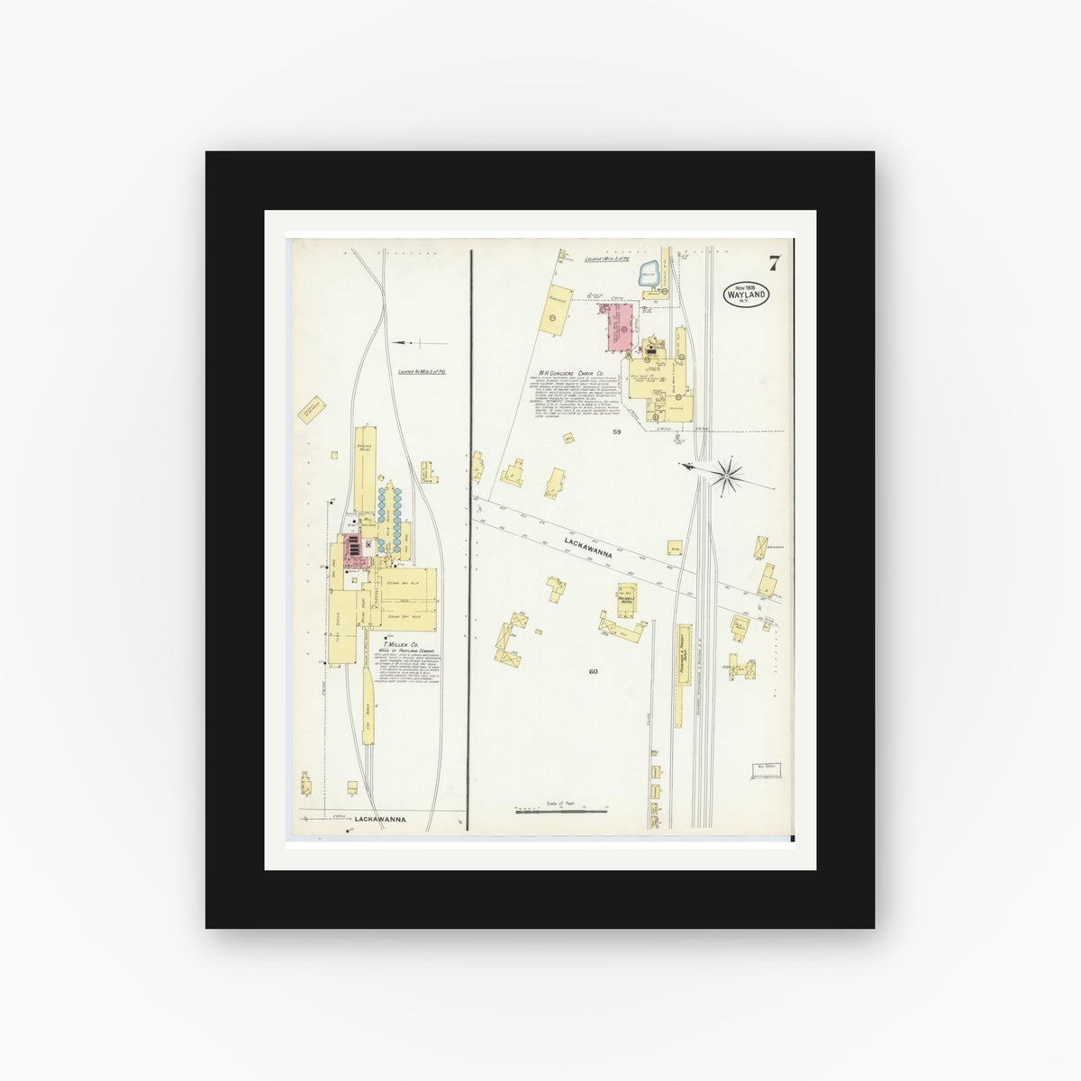 Old map wall art mockup — black gallery frame with white mat — Sanborn Fire Insurance Map from Wayland, Steuben County, New York (1908), Sheet #0007