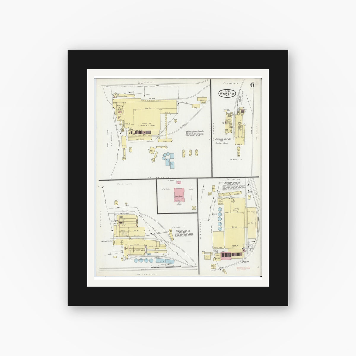 Old map wall art mockup — black gallery frame with white mat — Sanborn Fire Insurance Map from Warsaw, Wyoming County, New York (1897), Sheet #0006