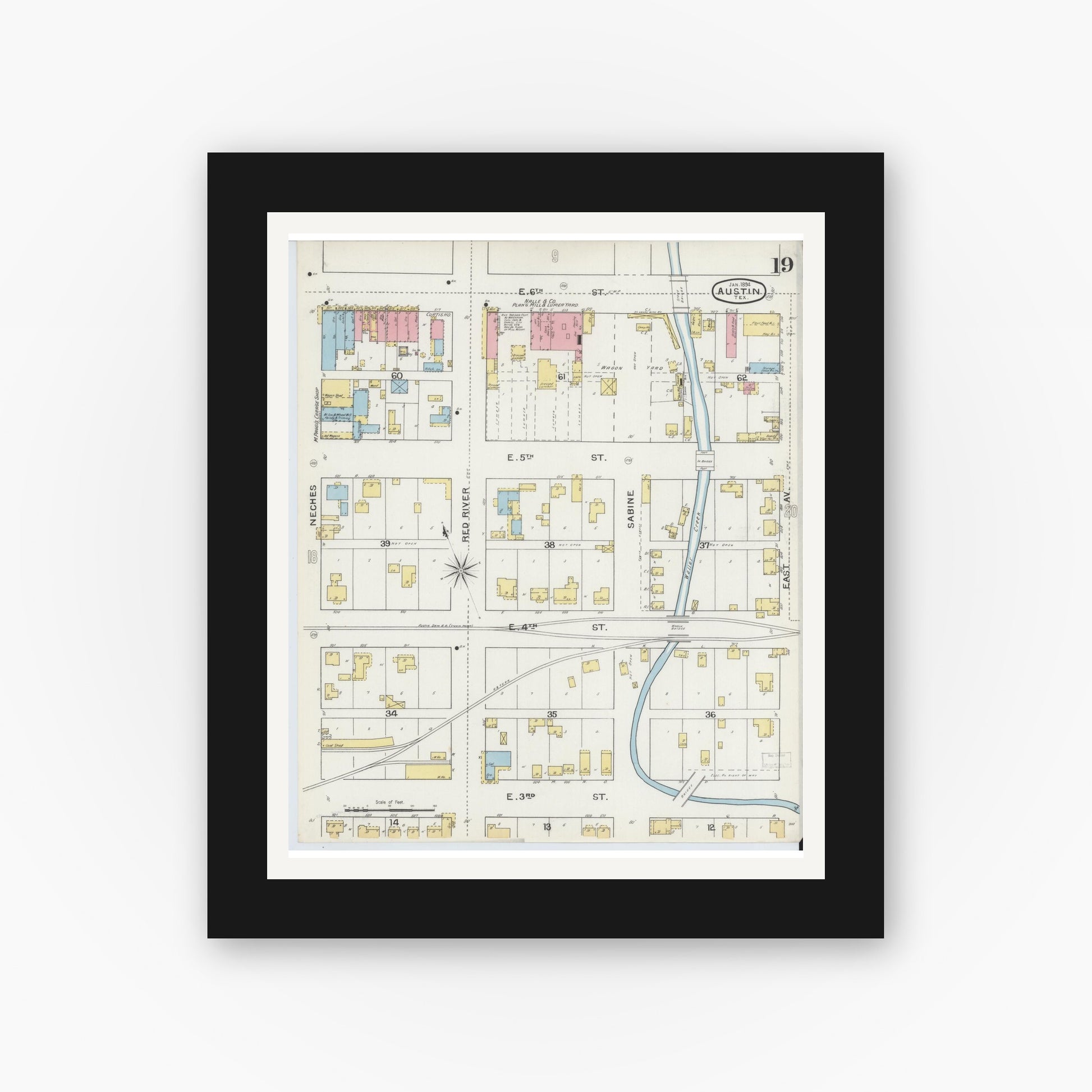 Old map wall art mockup — black gallery frame with white mat — Sanborn Fire Insurance Map from Austin, Travis County, Texas (1894), Sheet #0019