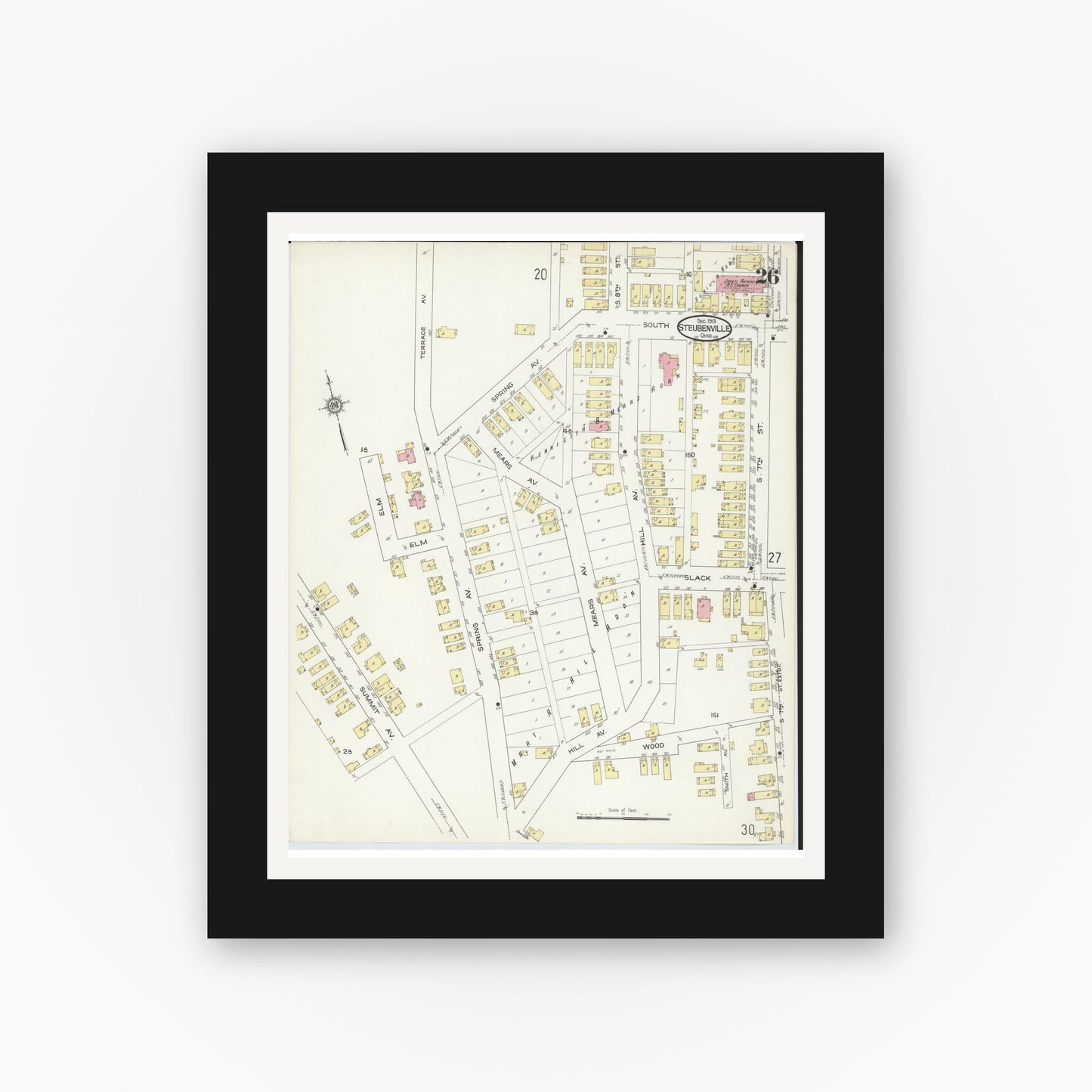 Old map wall art mockup — black gallery frame with white mat — Sanborn Fire Insurance Map from Steubenville, Jefferson County, Ohio (1913), Sheet #0026
