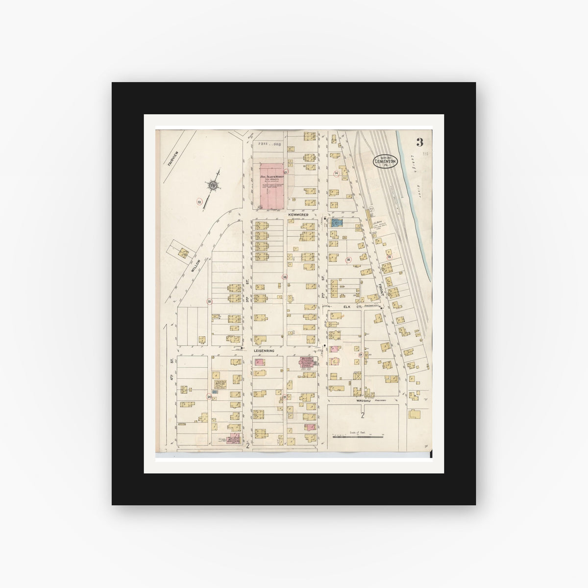 Old map wall art mockup — black gallery frame with white mat — Sanborn Fire Insurance Map from Cementon, Lehigh County, Pennsylvania (1924), Sheet #0003