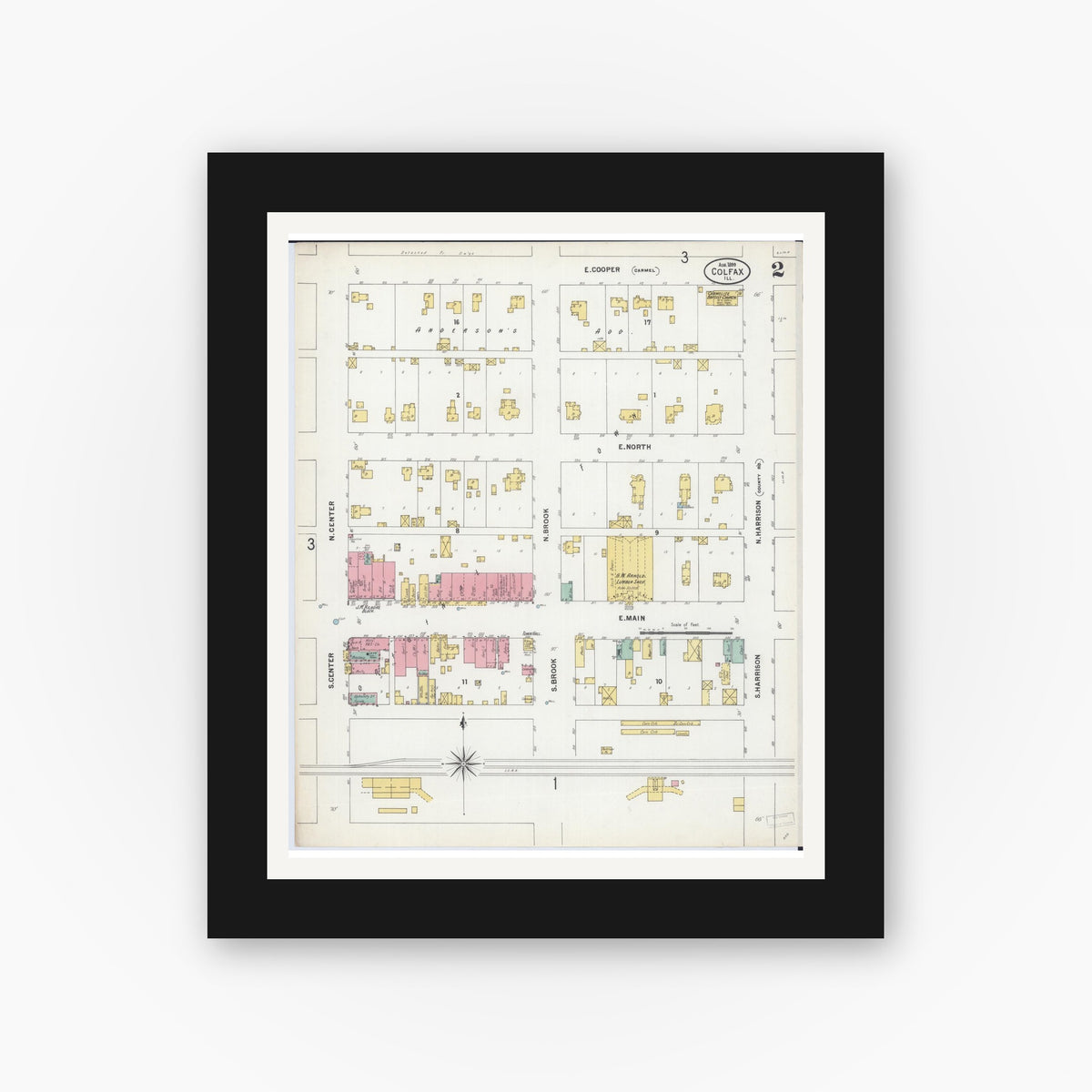Old map wall art mockup — black gallery frame with white mat — Sanborn Fire Insurance Map from Colfax, McLean County, Illinois (1899), Sheet #0002