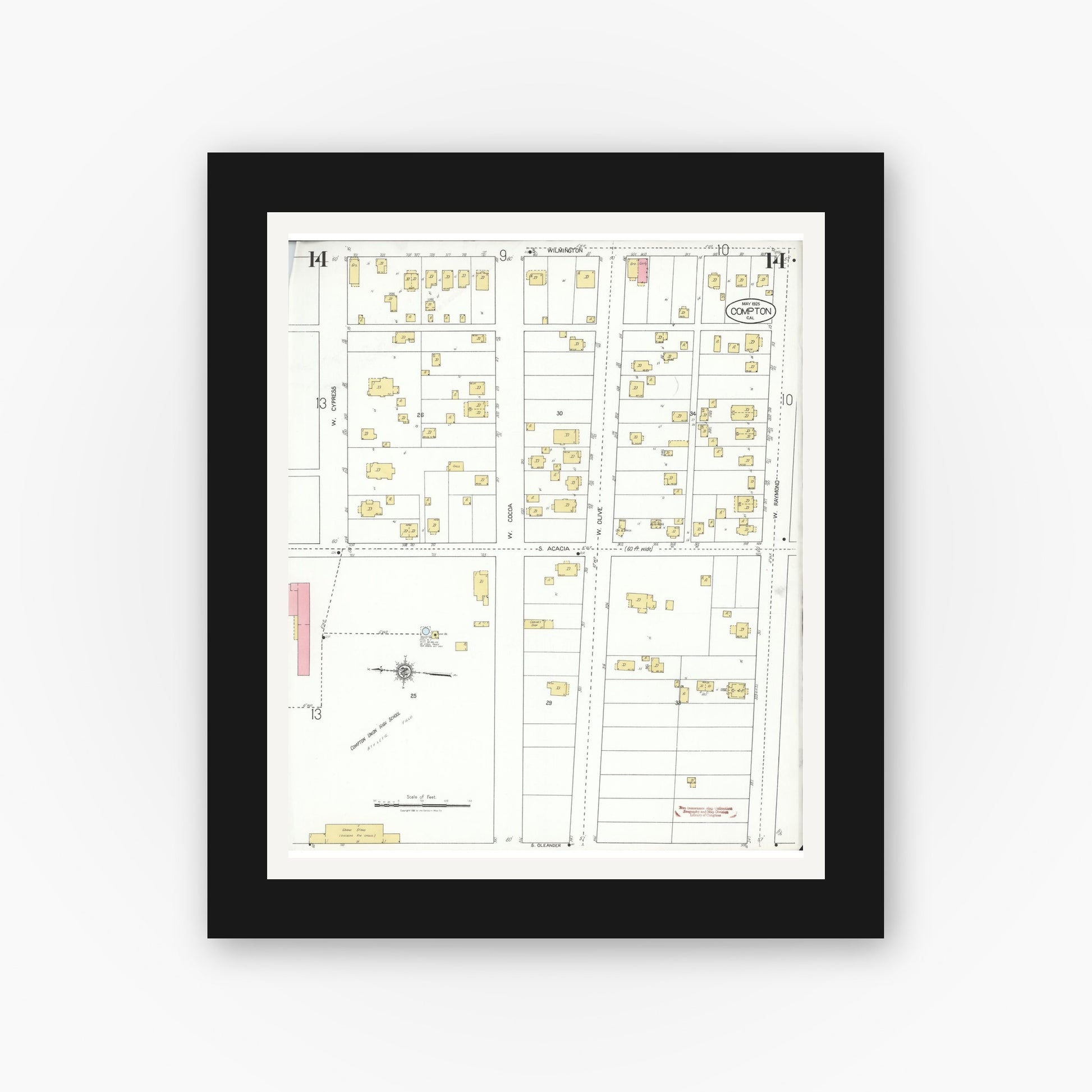 Old map wall art mockup — black gallery frame with white mat — Sanborn Fire Insurance Map from Compton, Los Angeles County, California (1925), Sheet #0014