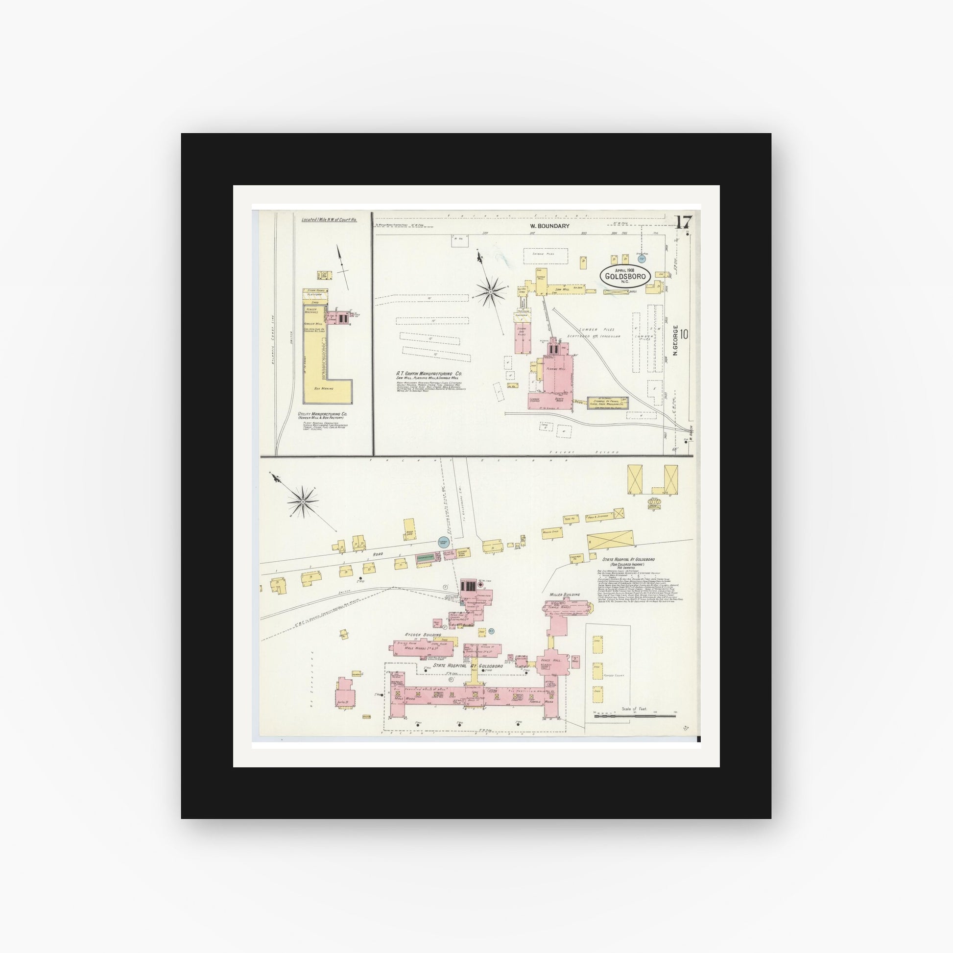 Old map wall art mockup — black gallery frame with white mat — Sanborn Fire Insurance Map from Goldsboro, Wayne County, North Carolina (1908), Sheet #0017