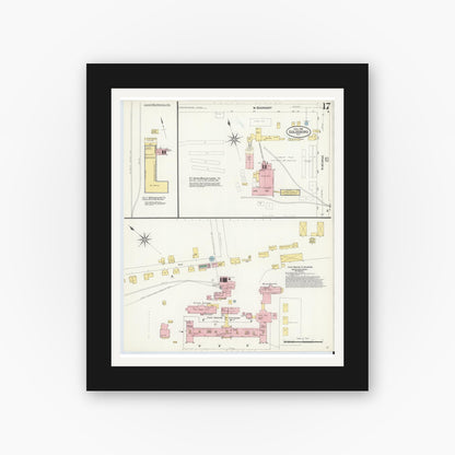 Old map wall art mockup — black gallery frame with white mat — Sanborn Fire Insurance Map from Goldsboro, Wayne County, North Carolina (1908), Sheet #0017