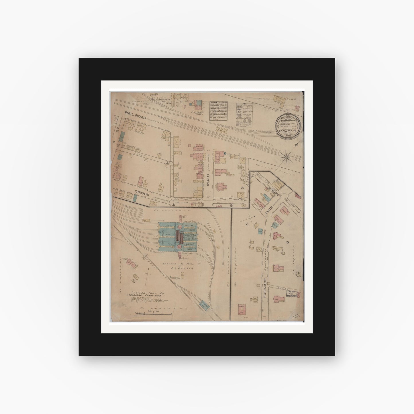 Old map wall art mockup — black gallery frame with white mat — Sanborn Fire Insurance Map from Alburtis, Lehigh County, Pennsylvania (1885), Sheet #0001