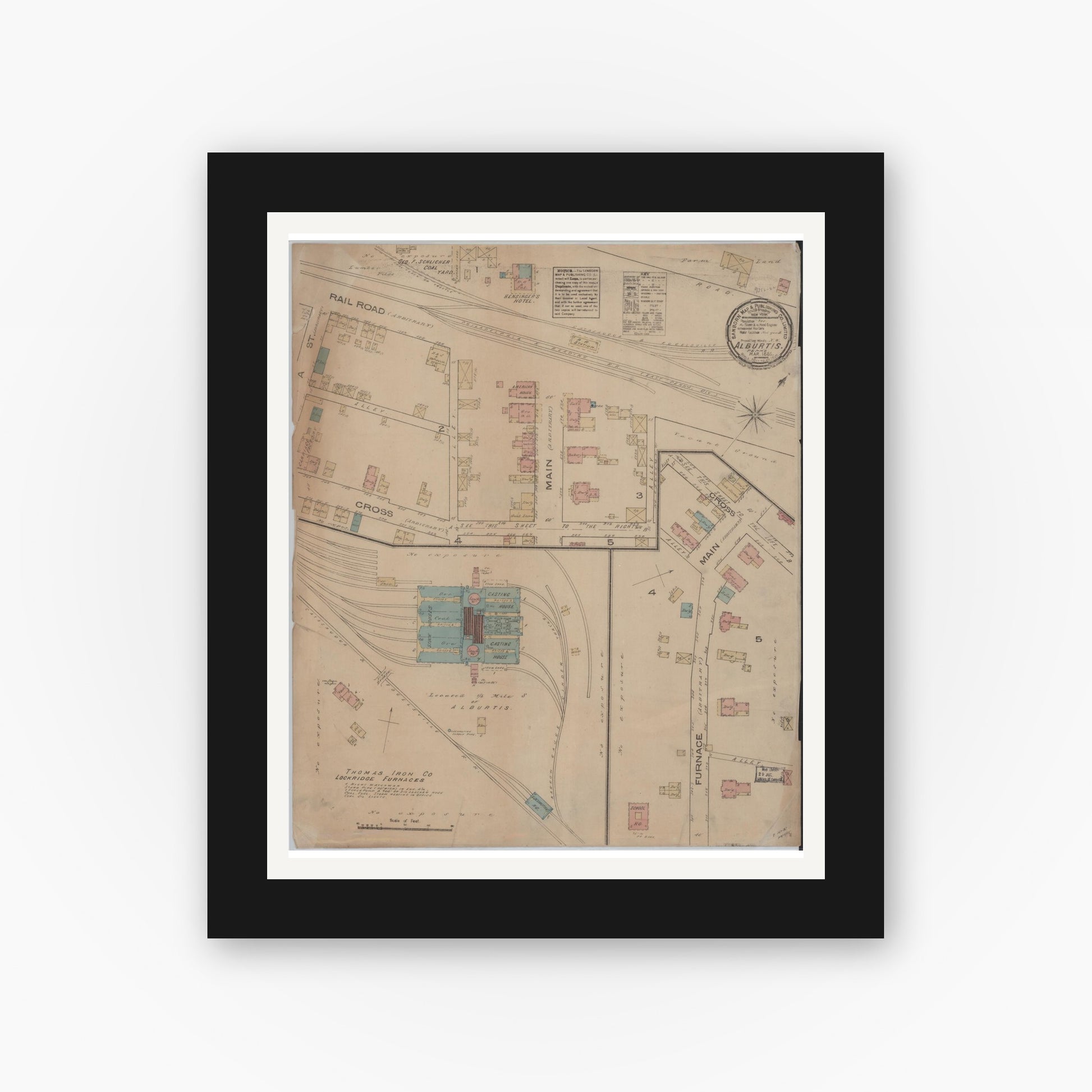 Old map wall art mockup — black gallery frame with white mat — Sanborn Fire Insurance Map from Alburtis, Lehigh County, Pennsylvania (1885), Sheet #0001