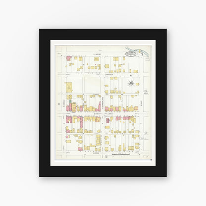 Old map wall art mockup — black gallery frame with white mat — Sanborn Fire Insurance Map from Waynesburg, Greene County, Pennsylvania (1908), Sheet #0007