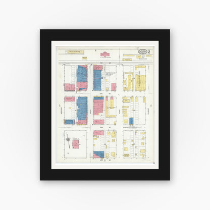 Old map wall art mockup — black gallery frame with white mat — Sanborn Fire Insurance Map from Quanah, Hardeman County, Texas (1921), Sheet #0002