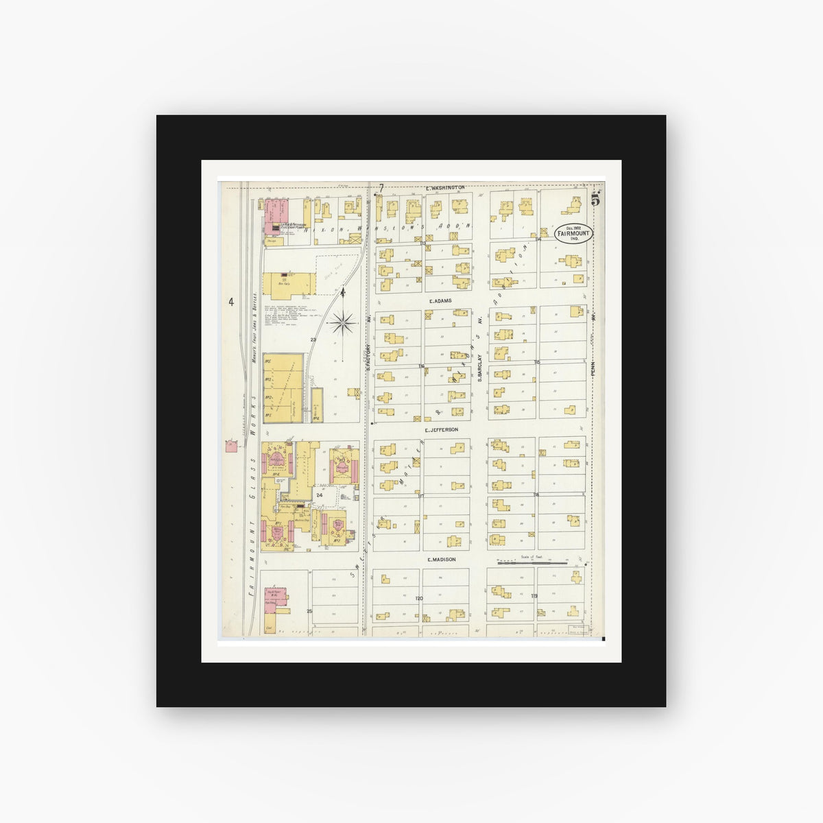 Old map wall art mockup — black gallery frame with white mat — Sanborn Fire Insurance Map from Fairmount, Grant County, Indiana (1902), Sheet #0005