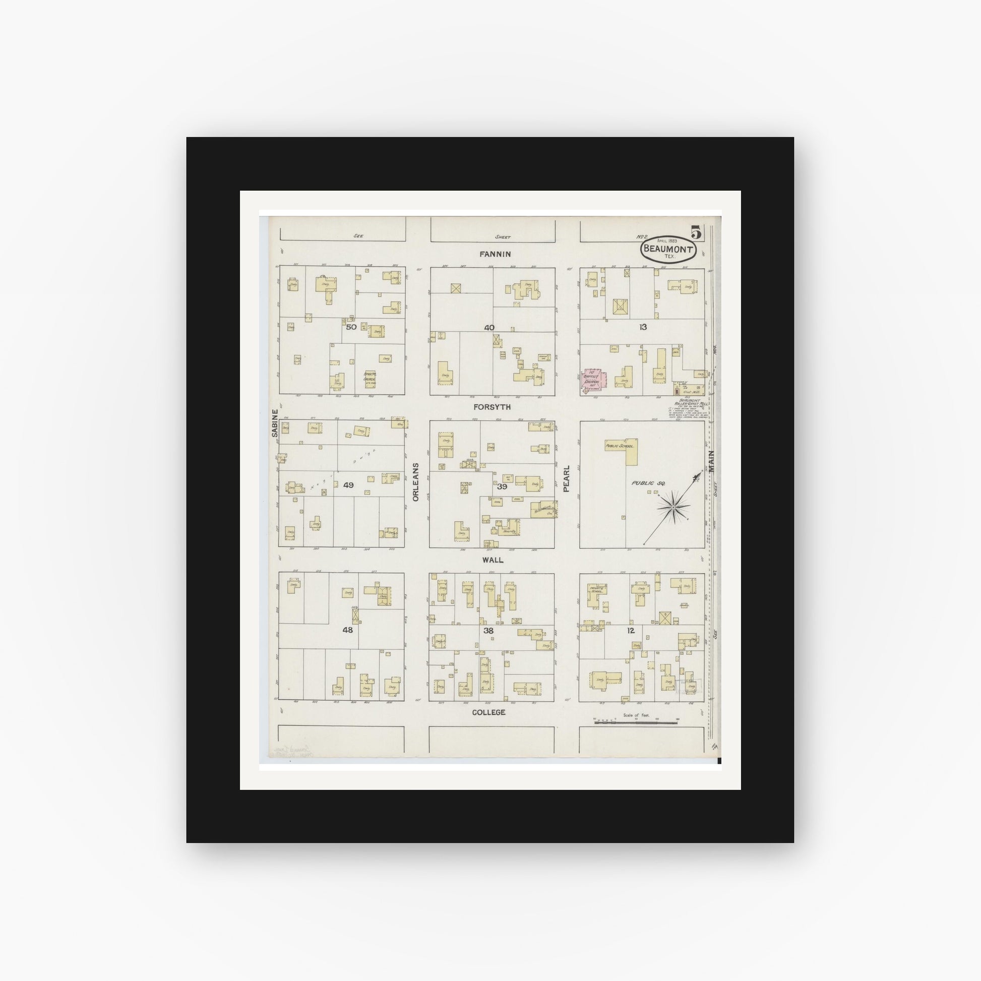Old map wall art mockup — black gallery frame with white mat — Sanborn Fire Insurance Map from Beaumont, Jefferson County, Texas (1889), Sheet #0005